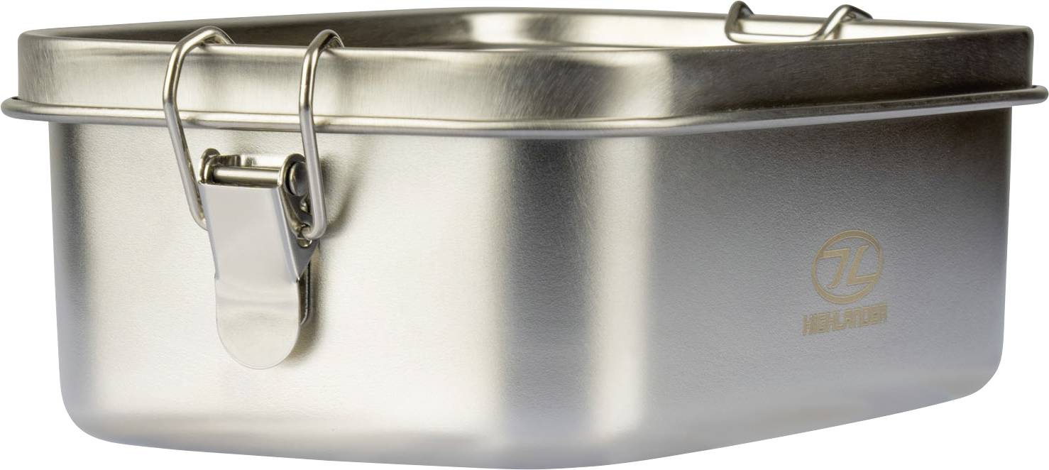 Ein rechteckiger Behälter aus Edelstahl mit einem Verschlussmechanismus an der Vorderseite und einem Griff auf dem Deckel. Die Seite weist ein kreisförmiges Logo auf.