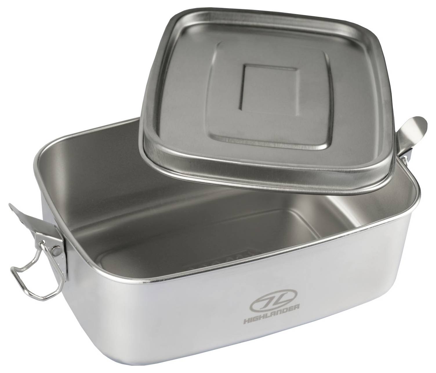 Eine rechteckige Metallbrotdose mit offenem Scharnierdeckel, gekennzeichnet durch ein minimalistisches Design mit einem Logo auf der Seite.