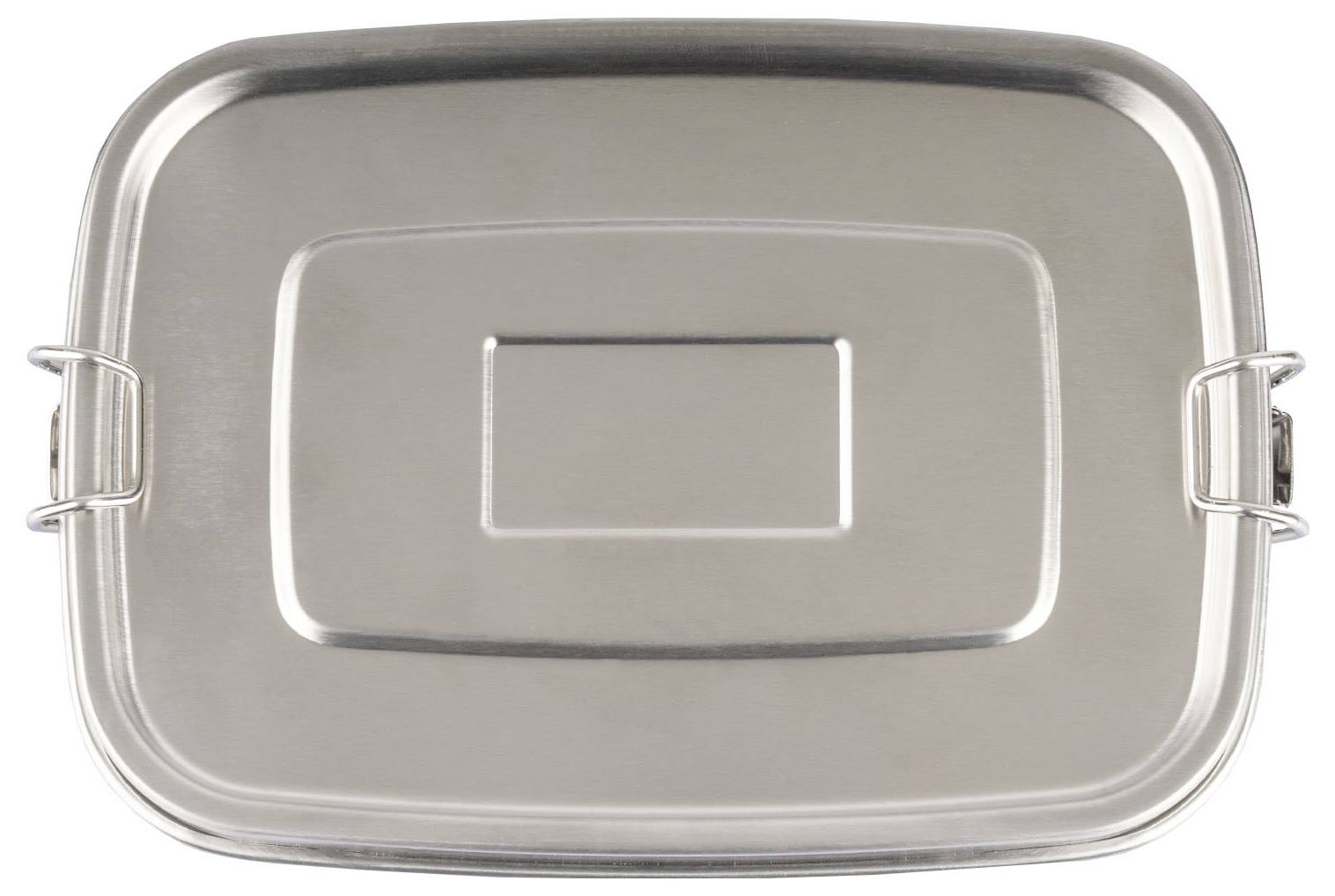 Eine rechteckige Edelstahl-Metallbrotdose mit einer Schnappverschlussfalle auf jeder Seite, entworfen zur tragbaren Lebensmittellagerung und zum Transportieren.