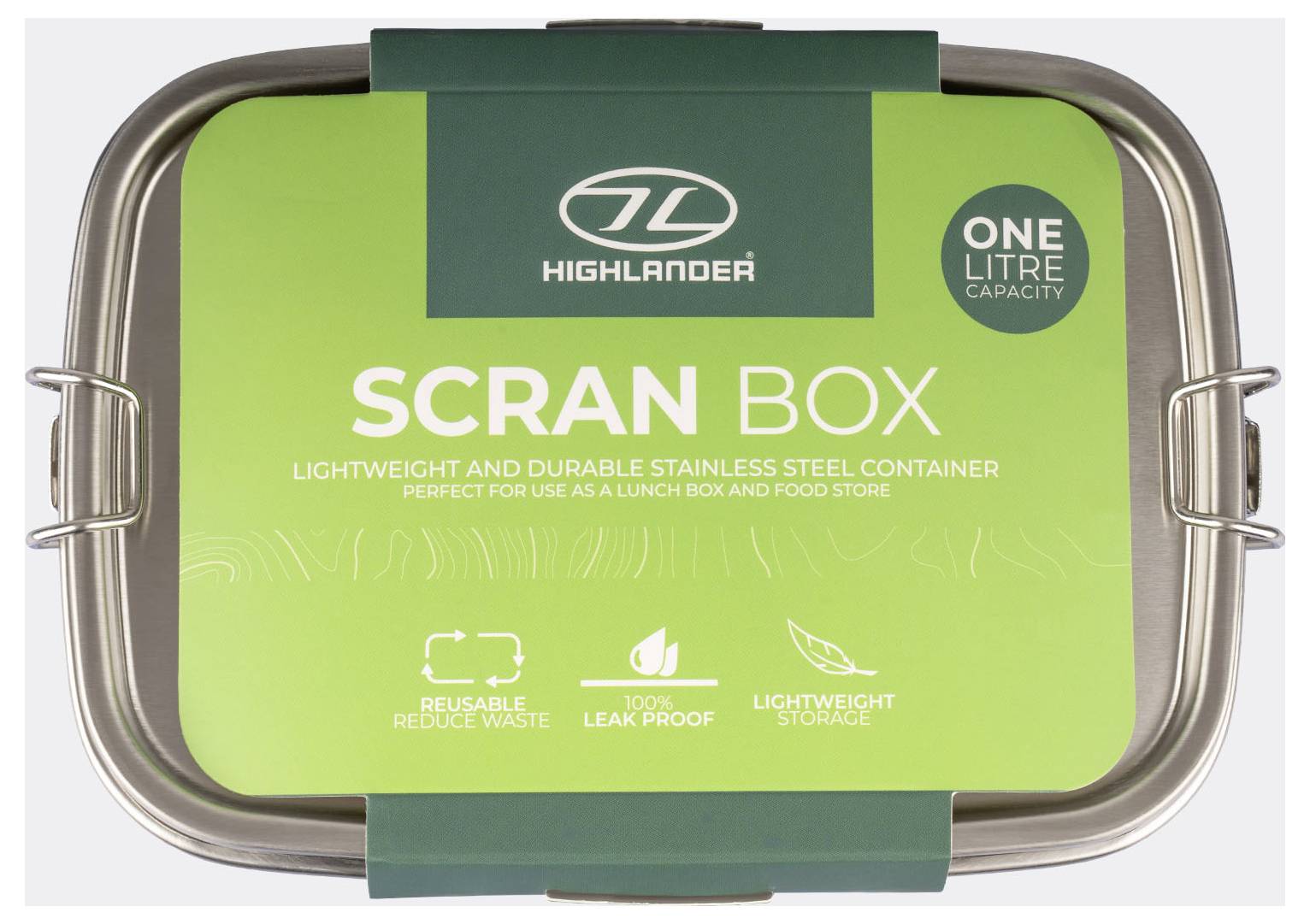Das Bild zeigt einen silbernen Behälter aus rostfreiem Stahl für Lebensmittel mit einem grünen Etikett. Das Etikett zeigt an, dass er spülmaschinenfest und auslaufsicher ist.