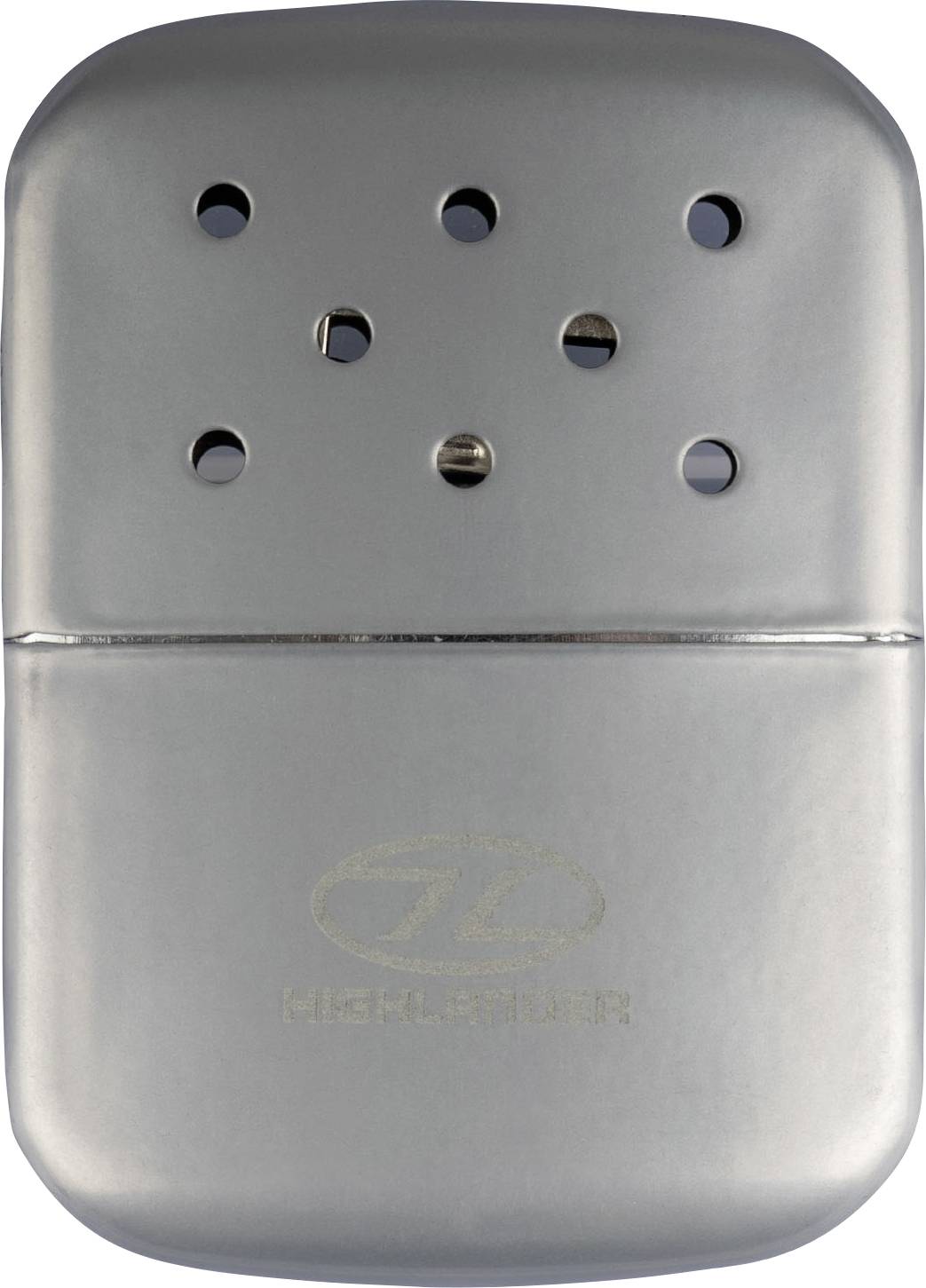 Ein Handwärmer aus Silber mit kleinen Löchern oben zur Wärmeabgabe, mit einem schwach eingraviertem Logo auf der unteren Hälfte.