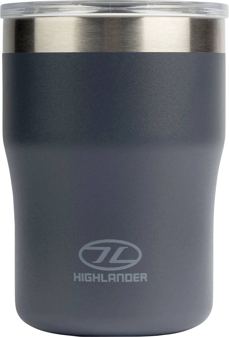 Eine graue isolierte Reiseflasche mit Metallrand und durchsichtigem Deckel, mit dem 