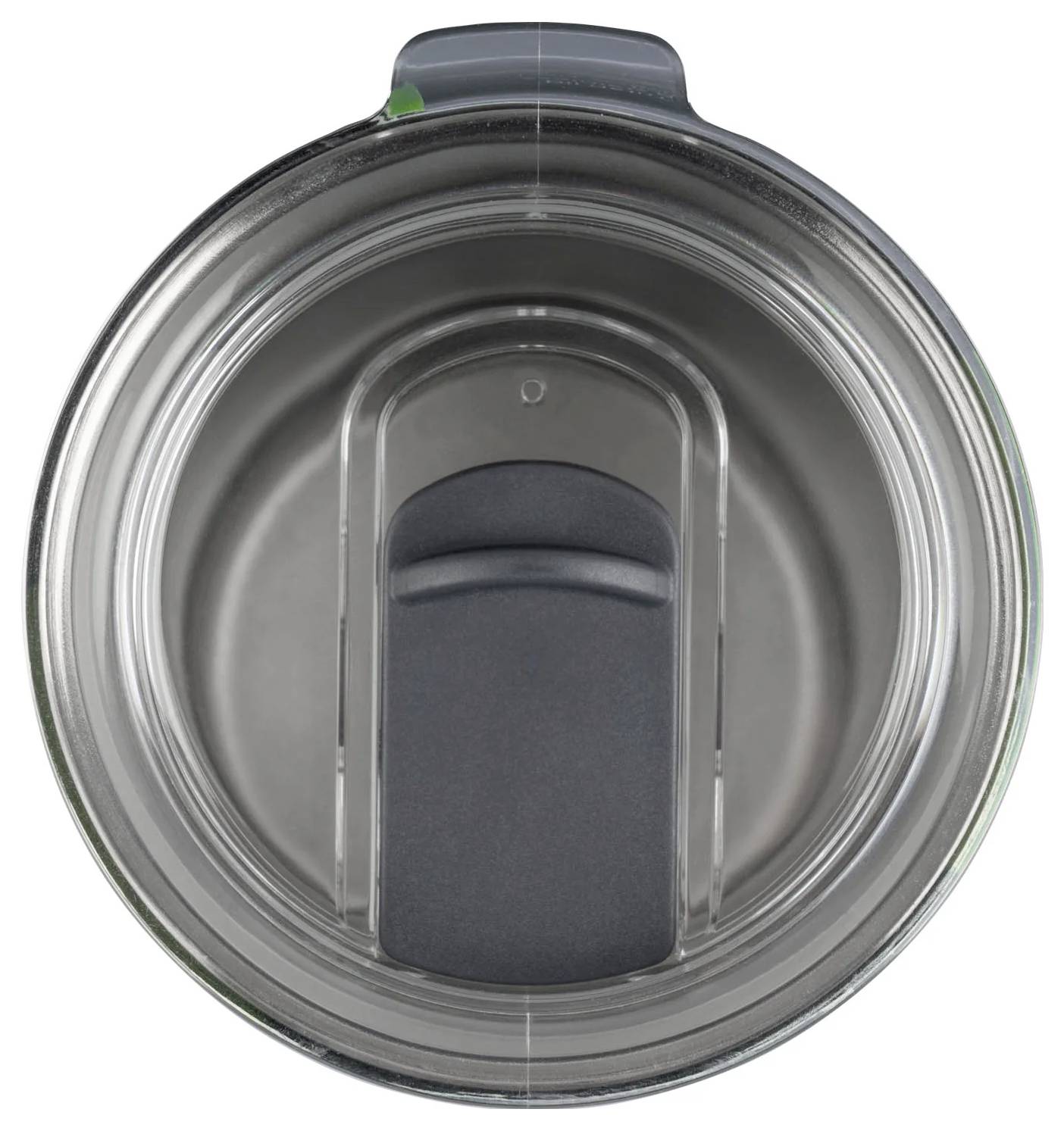 Draufsicht auf einen runden Metalldeckel mit schwarzem Griff und einer kleinen grünen Verriegelung an der Seite.