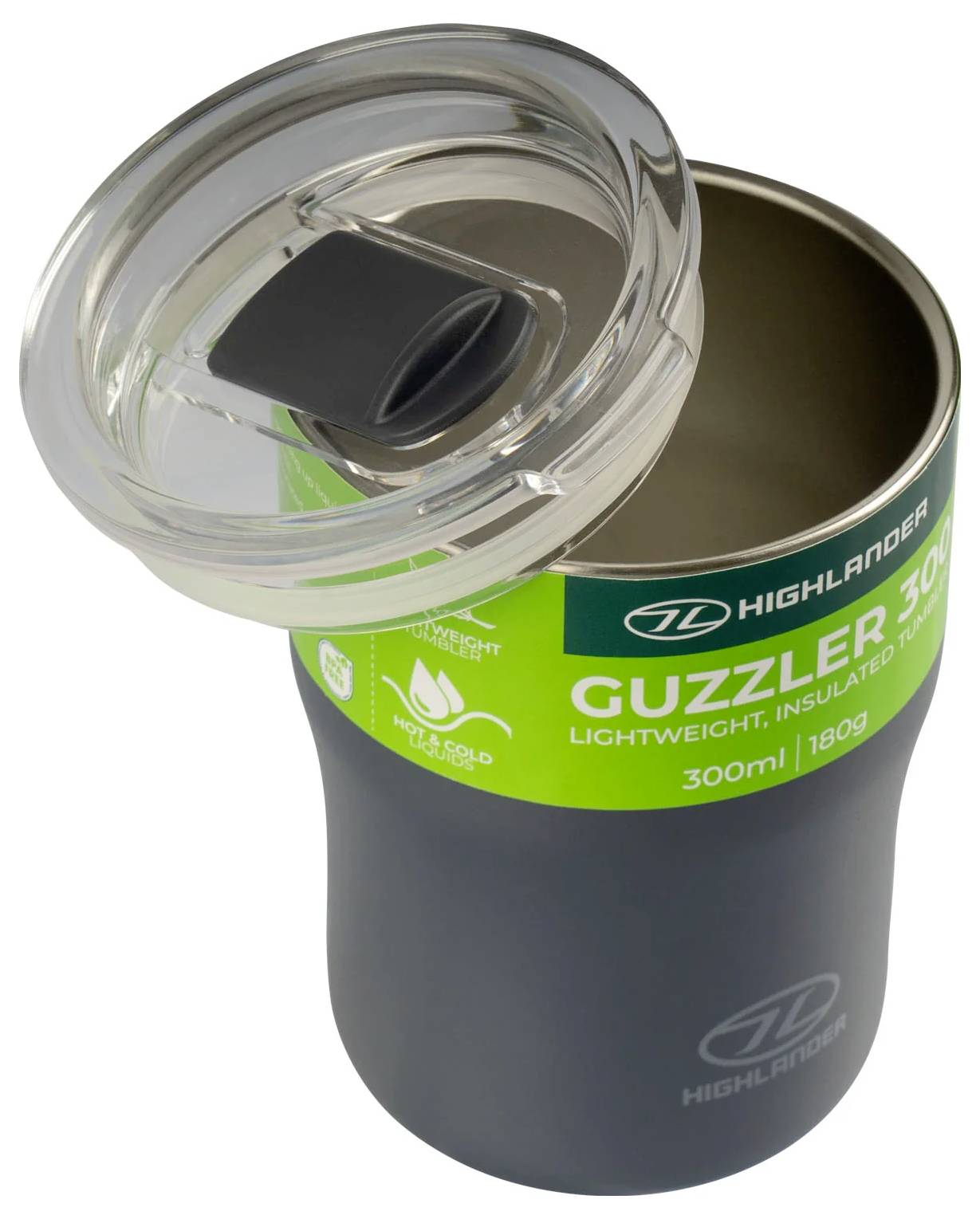 Ein schwarzer Highlander Guzzler isolierter Becher mit offenem transparentem Deckel, der das Innere zeigt. Das Etikett hebt 