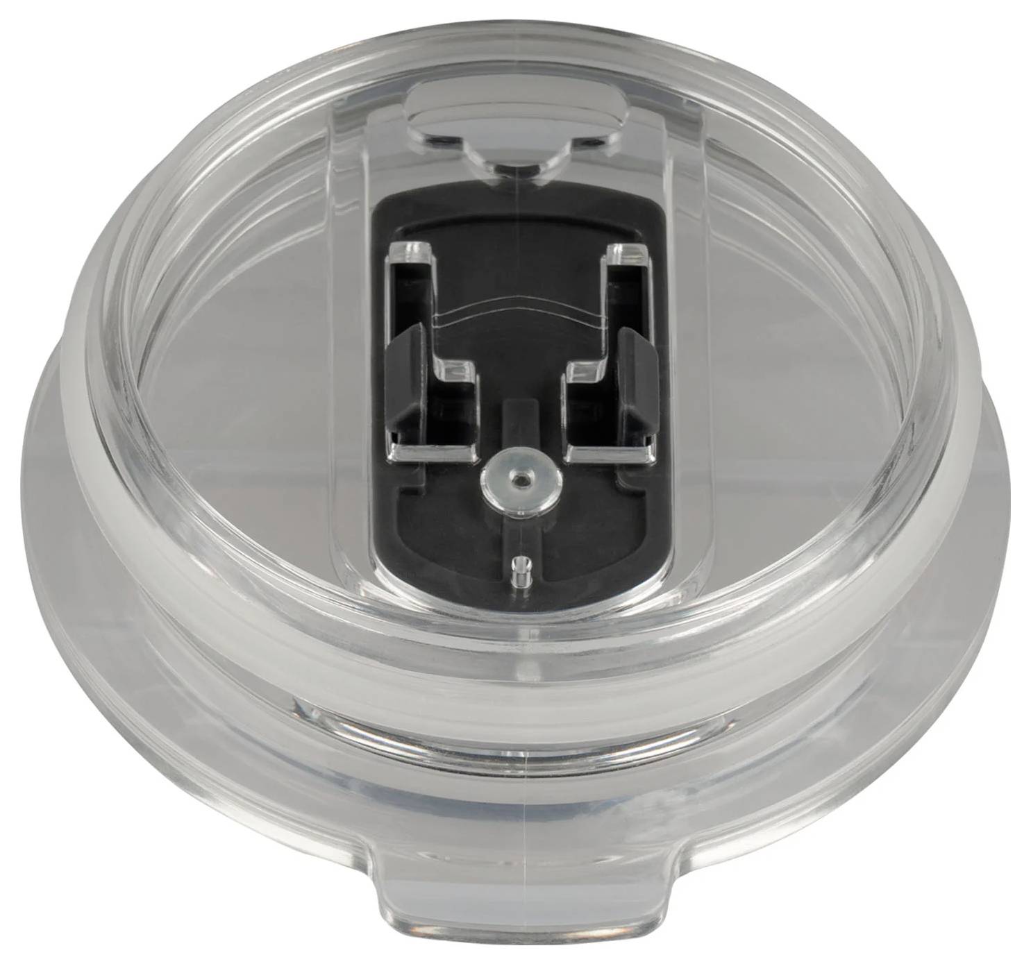Ein klarer Kunststoffdeckel mit einem zentralen schwarzen Mechanismus, der zwei Metallstifte und einen kleinen Stift aufweist, der für ein bestimmtes Küchengerät ausgelegt ist.