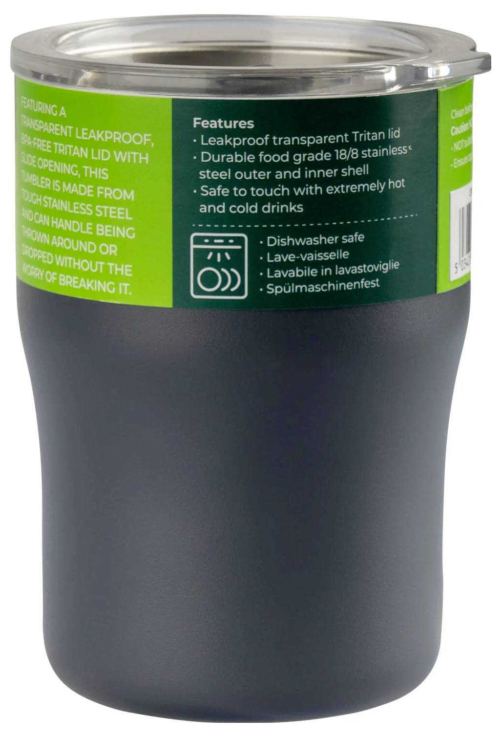 Das Bild zeigt eine dunkle Tasse mit einem durchsichtigen Deckel, auf dessen Seite sich Text befindet. Der Text hebt ihre Eigenschaften hervor: auslaufsicher, spülmaschinenfest und langlebig.