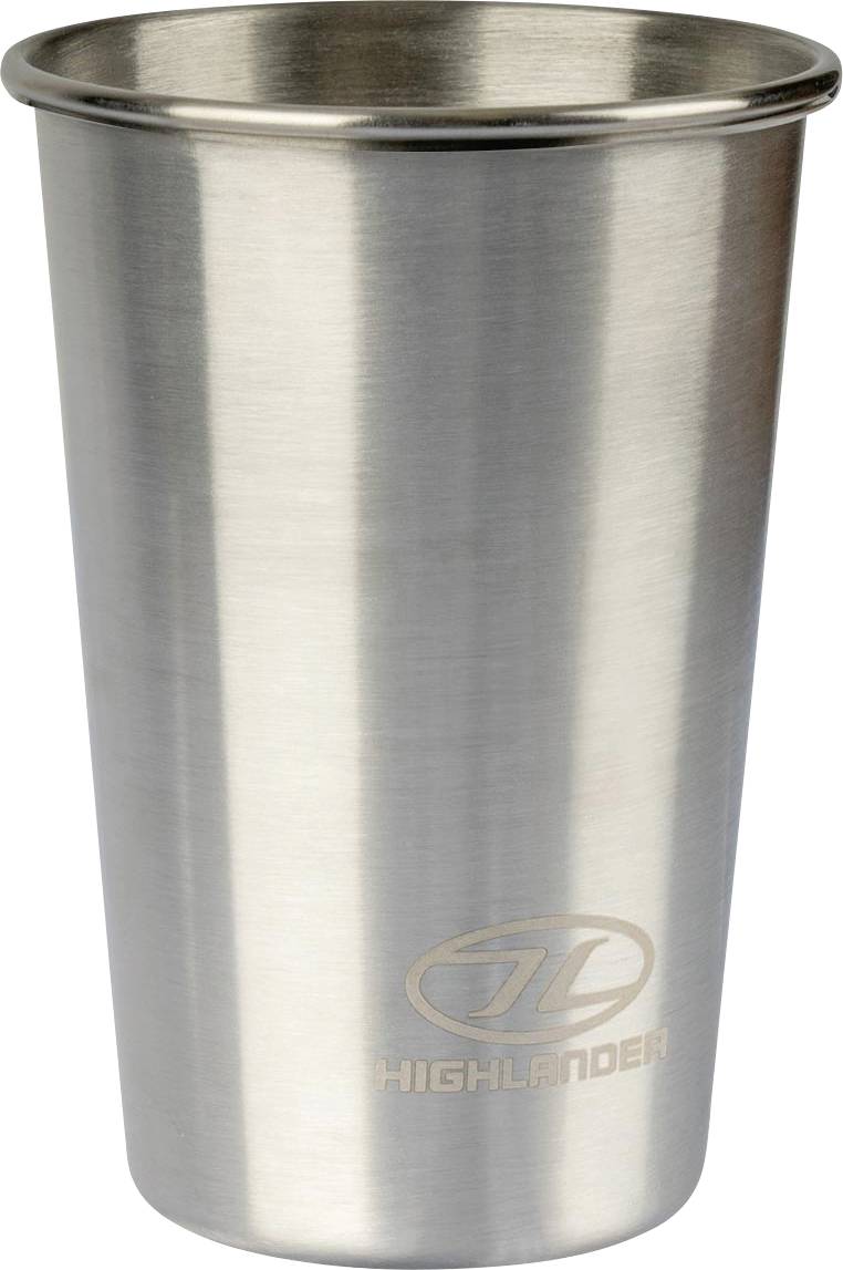 Eine aus Edelstahl gefertigte Tasse mit der Aufschrift „Highlander