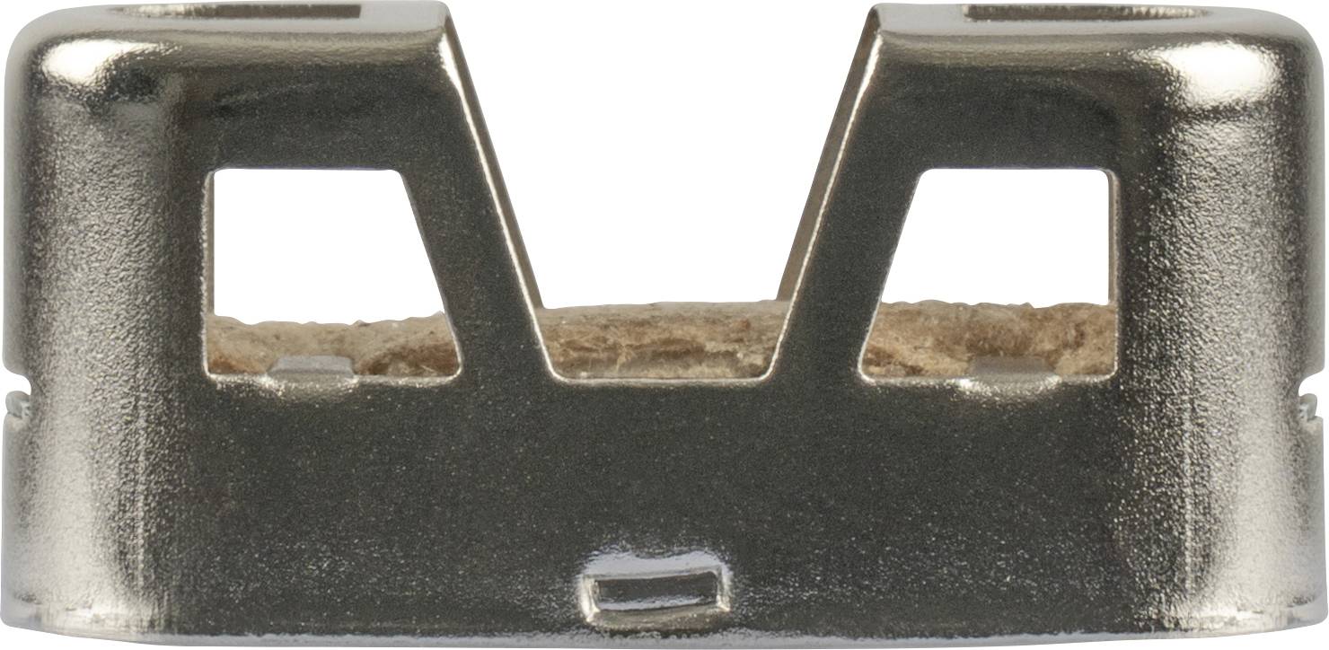 Nahaufnahme einer Metallhalterung mit zentralem Korkpolster, mit rechteckigem und dreieckigem Ausschnittdesign.