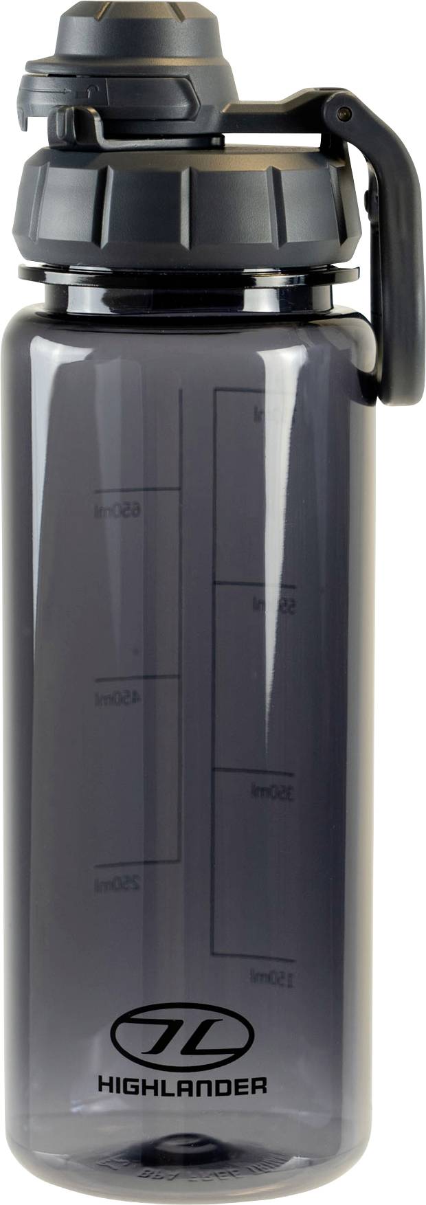 Eine graue Wasserflasche der Marke Highlander mit schwarzem Verschluss und einer Flüssigkeitsmessskala an der Seite.