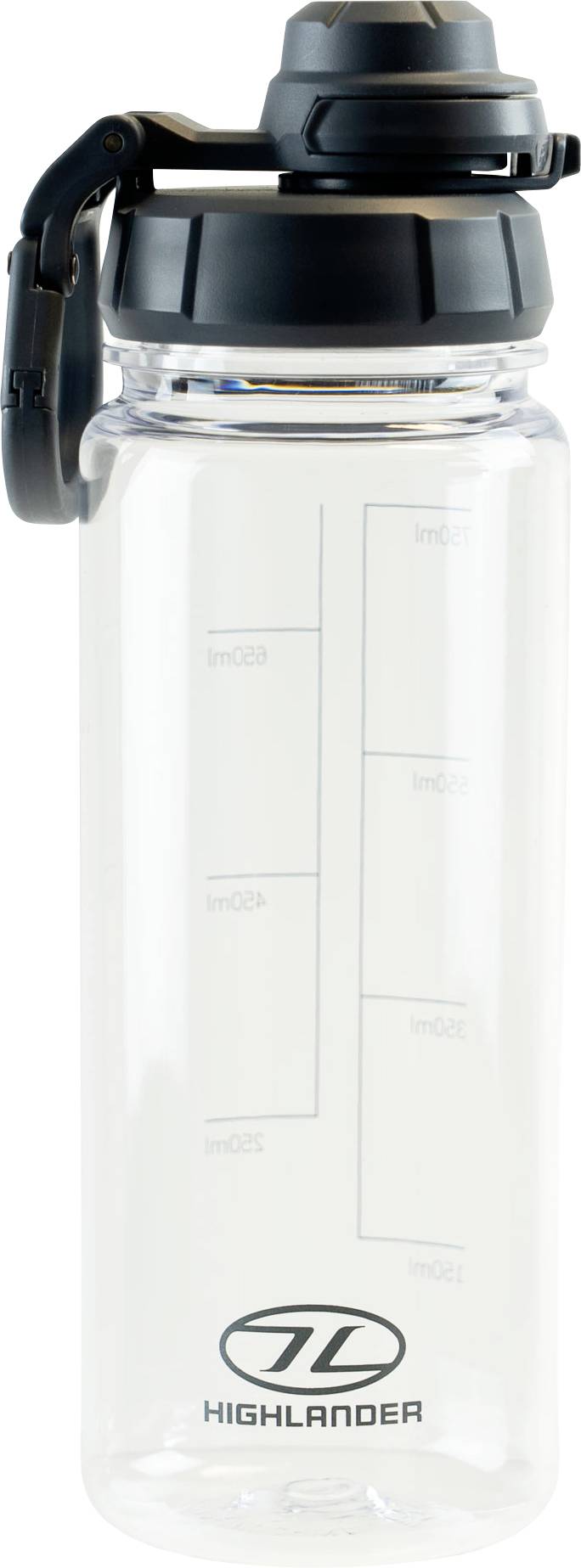 Eine durchsichtige Kunststoff-Wasserflasche mit schwarzem Klappdeckel, gekennzeichnet mit Messskalen. Das Logo 