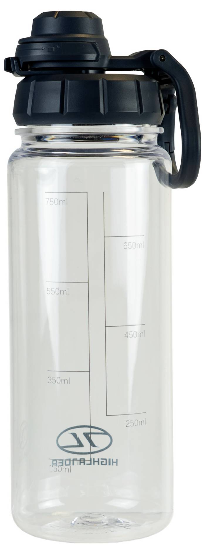 Durchsichtige Kunststoff-Wasserflasche mit schwarzem Deckel, gekennzeichnet mit Volumenangaben von 250ml bis 750ml. Das Logo 'HIGHAMBEER' ist in der Nähe der Basis aufgedruckt.