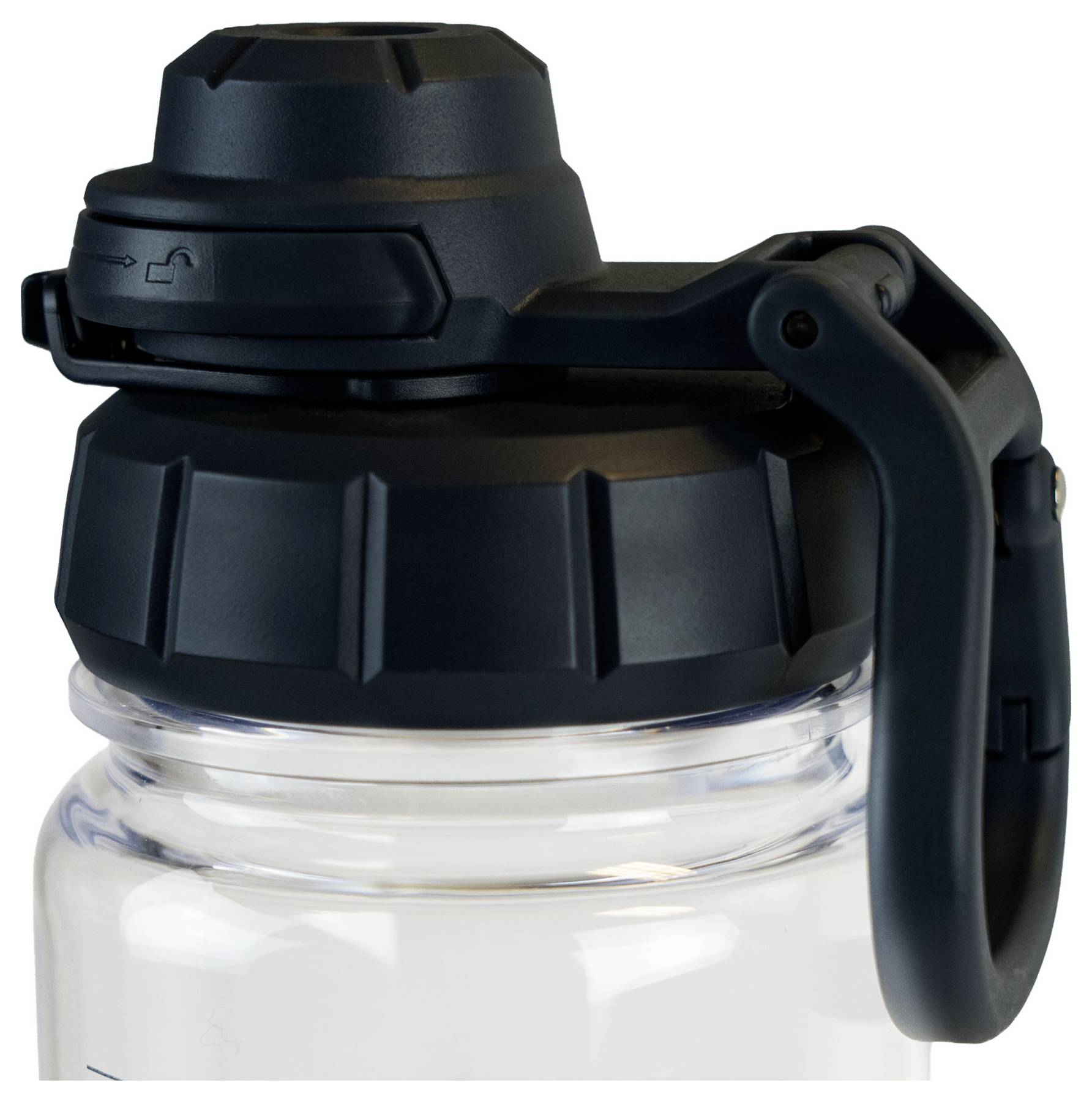 Eine Nahaufnahme eines Wasserflaschendeckels mit einem dunkelgefärbten Klappdeckel mit Schlosssymbol und einem robusten, faltbaren Tragegriff.