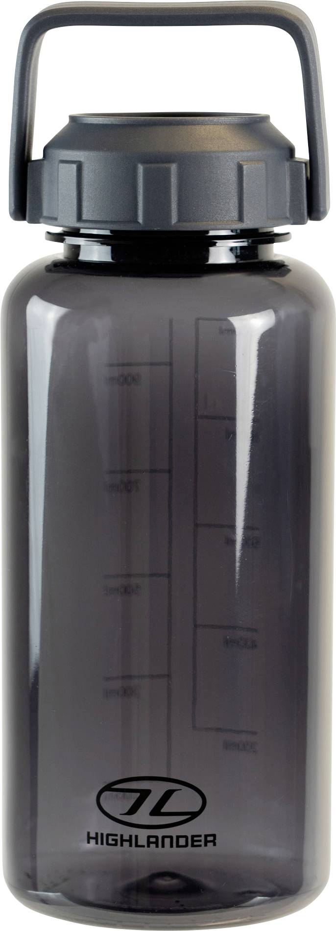 Eine graue transparente Wasserflasche mit Schraubdeckel und Tragehenkel. Die Seite weist Messskalen und ein 