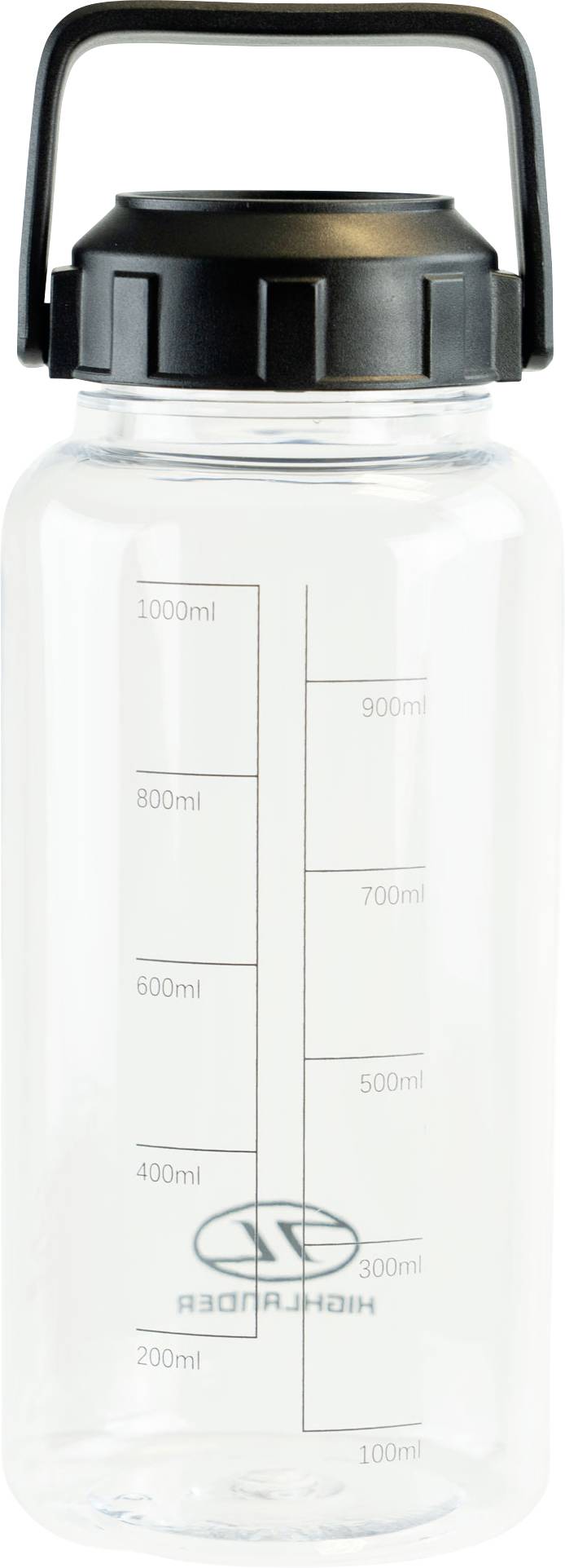 Eine transparente Wasserflasche mit schwarzem Schraubdeckel und Tragegriff verfügt über Messskalen von 200 ml bis 1000 ml.