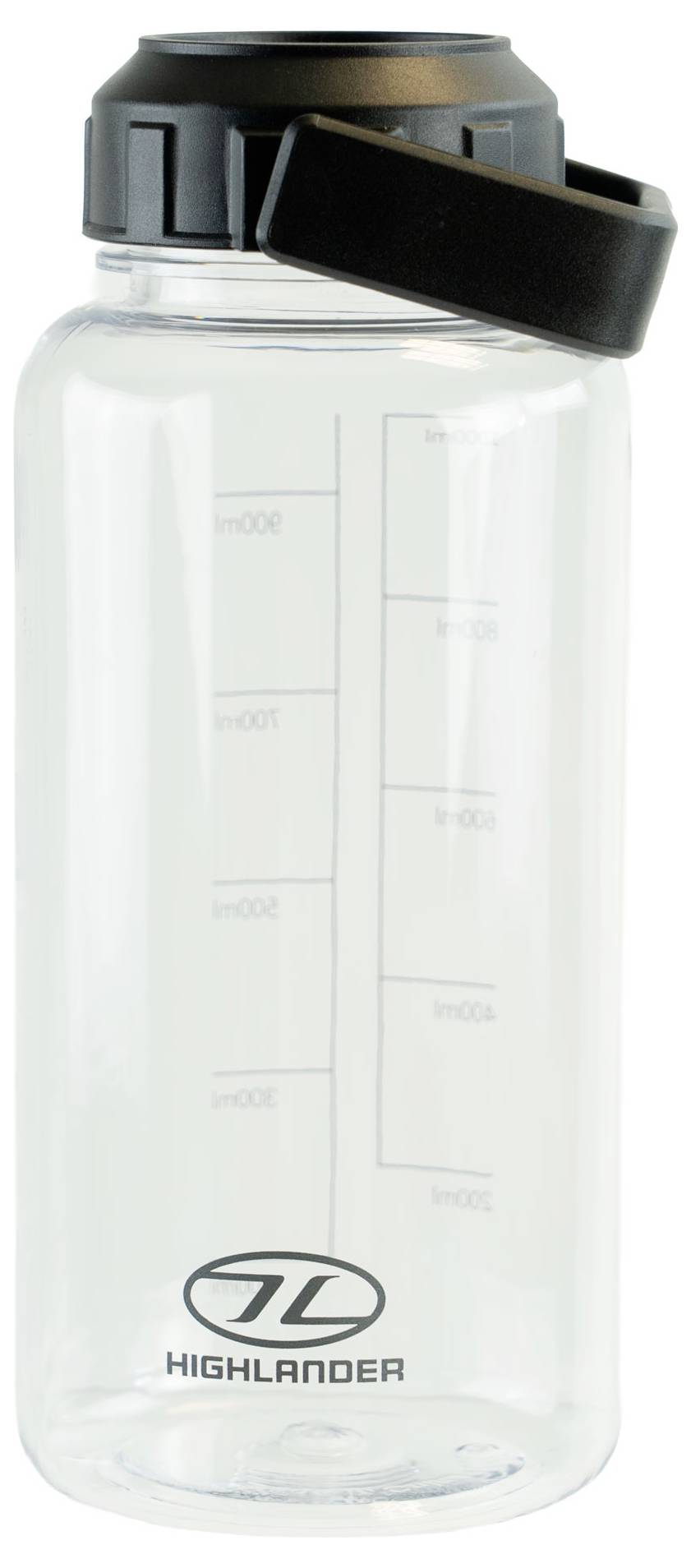 Eine klare Wasserflasche mit schwarzem Schraubverschluss und einer Messskala an der Seite, die den Markennamen 