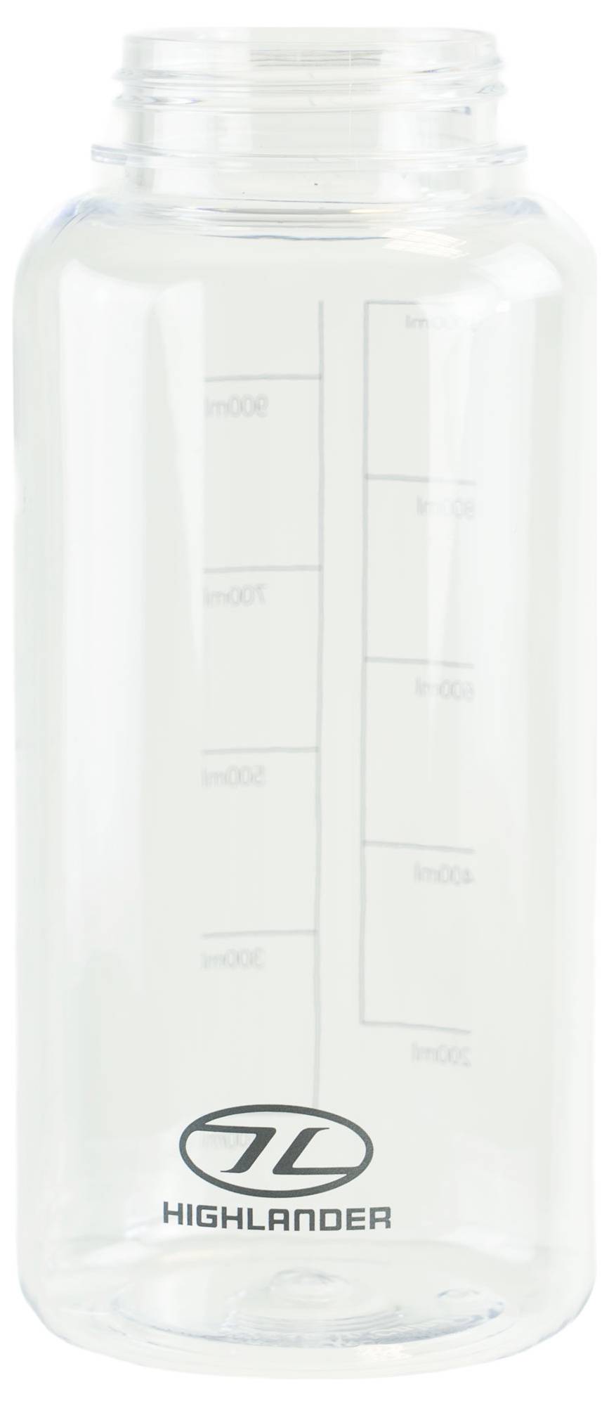 Eine durchsichtige Kunststoff-Wasserflasche mit Milliliter-Markierungen im Bereich von 200 ml bis 1000 ml, mit einem 