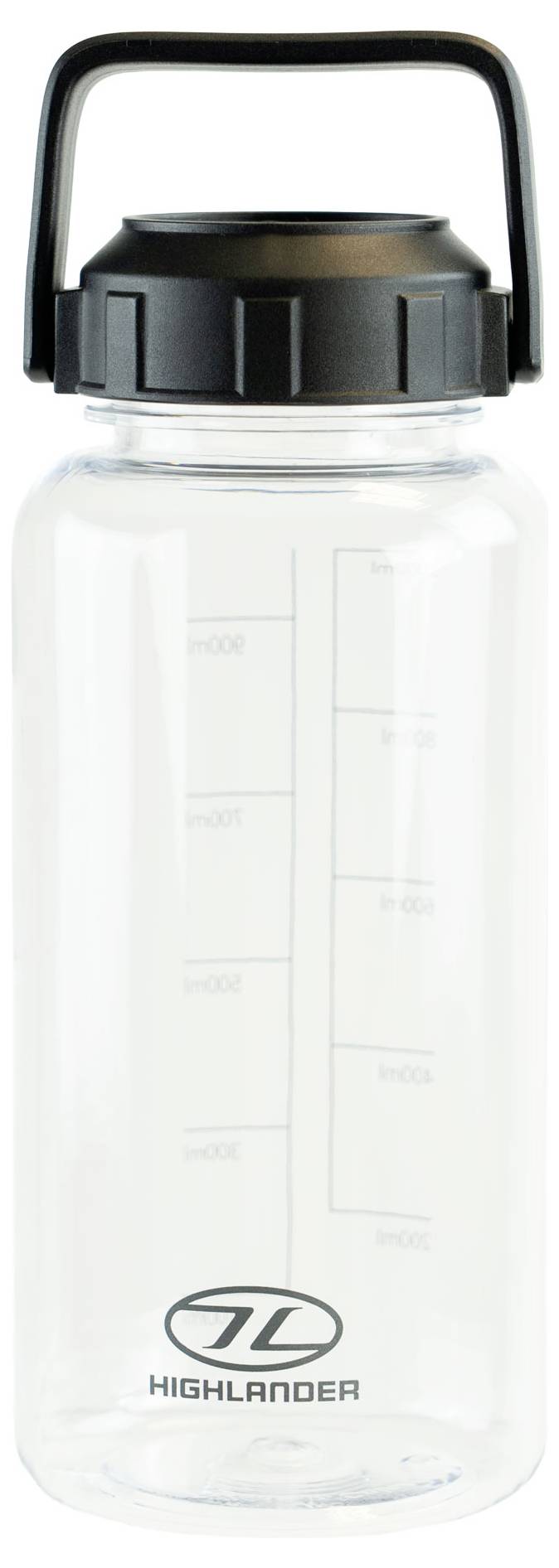 Transparente Highland-Wasserflasche mit schwarzem Verschluss und Messskala an der Seite.