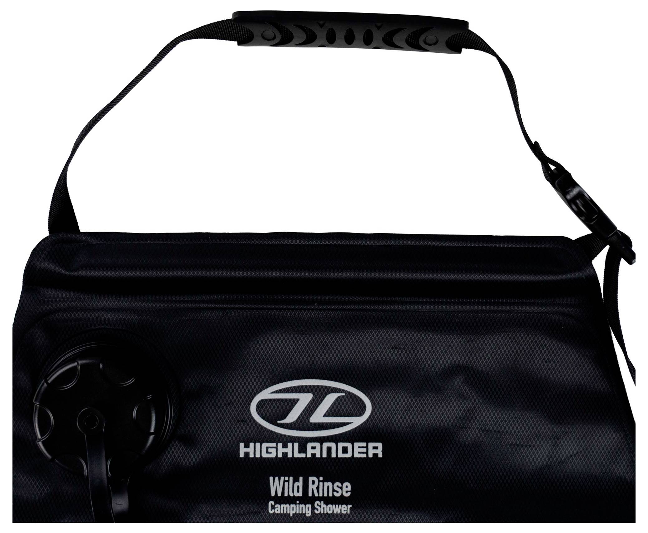 Eine schwarze tragbare Campingduschentasche mit Griff, mit der Bezeichnung „Highlander Wild Rinse Camping Shower