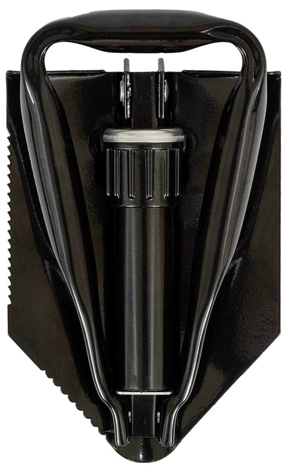 Ein schwarzes, gefaltetes Schanzwerkzeug im Militärstil mit gezahntem Rand, entworfen für Grabungs- und Schneidaufgaben, vor einem neutralen Hintergrund gezeigt.