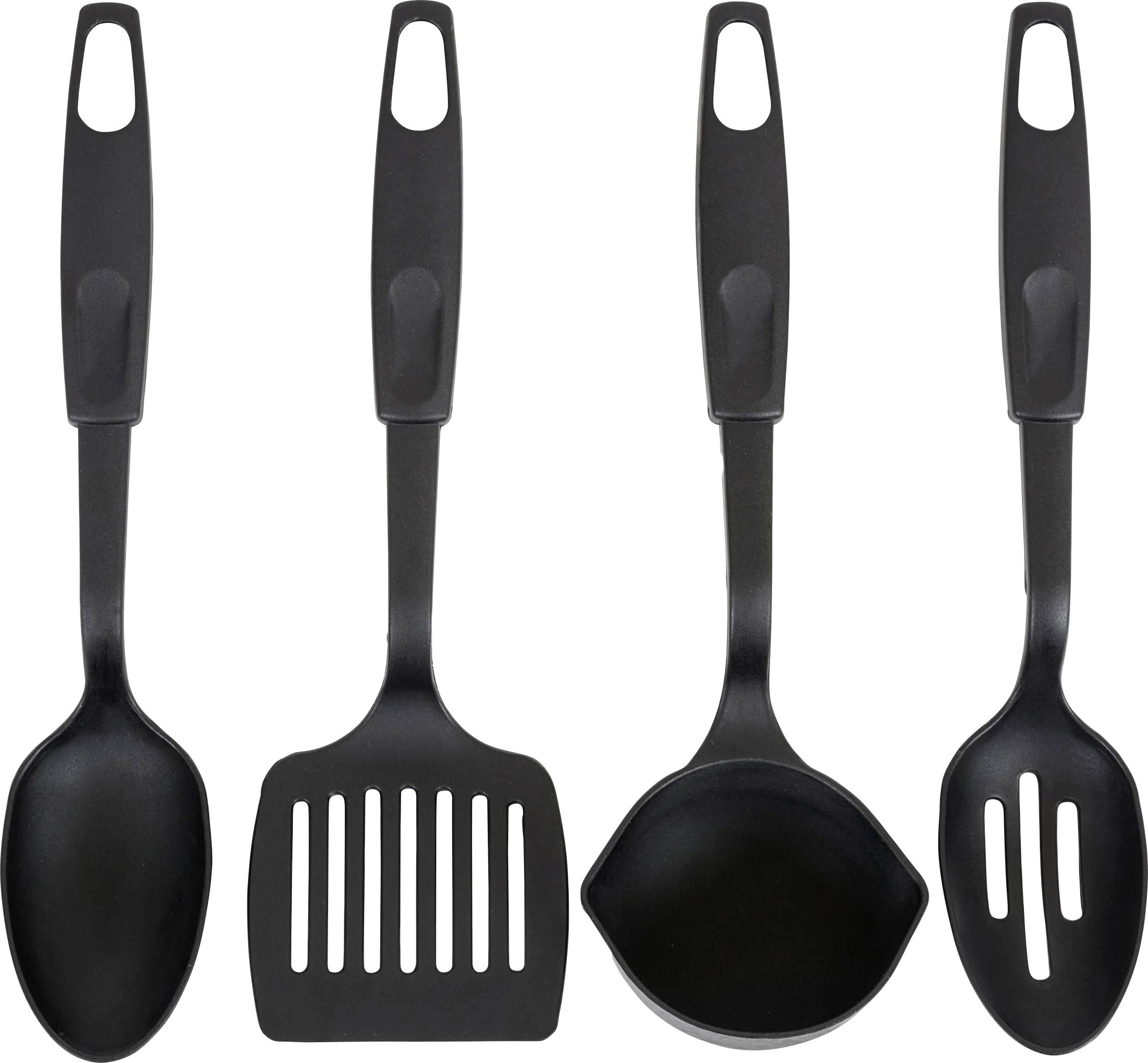 Vier schwarze Küchenutensilien: ein massiver Löffel, ein Pfannenwender mit Schlitzen, eine Schöpfkelle und ein Löffel mit Schlitzen, alle mit Schleifengriffen.