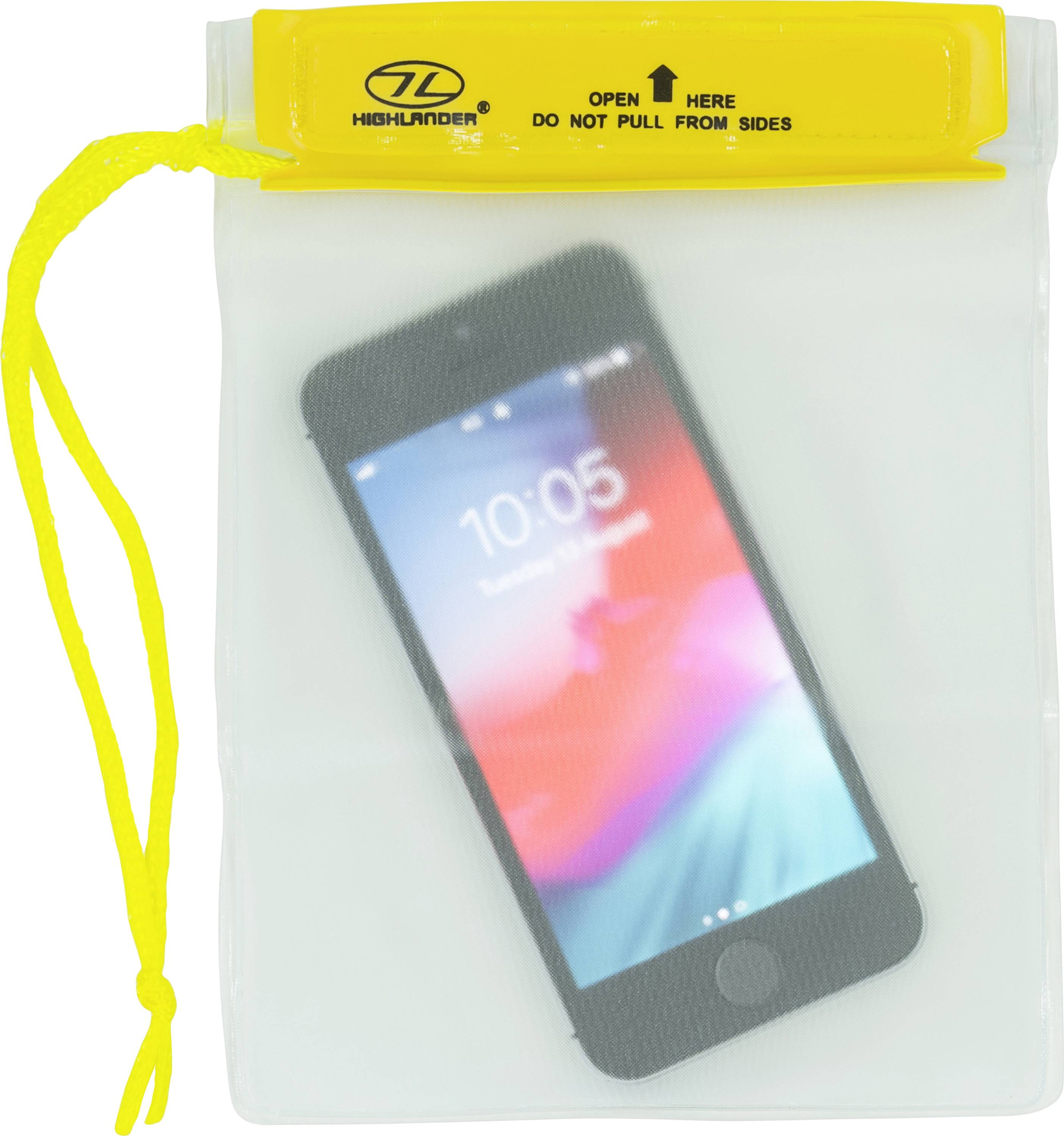 Ein schwarzes Smartphone, das 10:05 anzeigt, befindet sich in einer transparenten wasserdichten Tasche mit gelbem Verschluss und angehängtem gelbem Umhängeband.