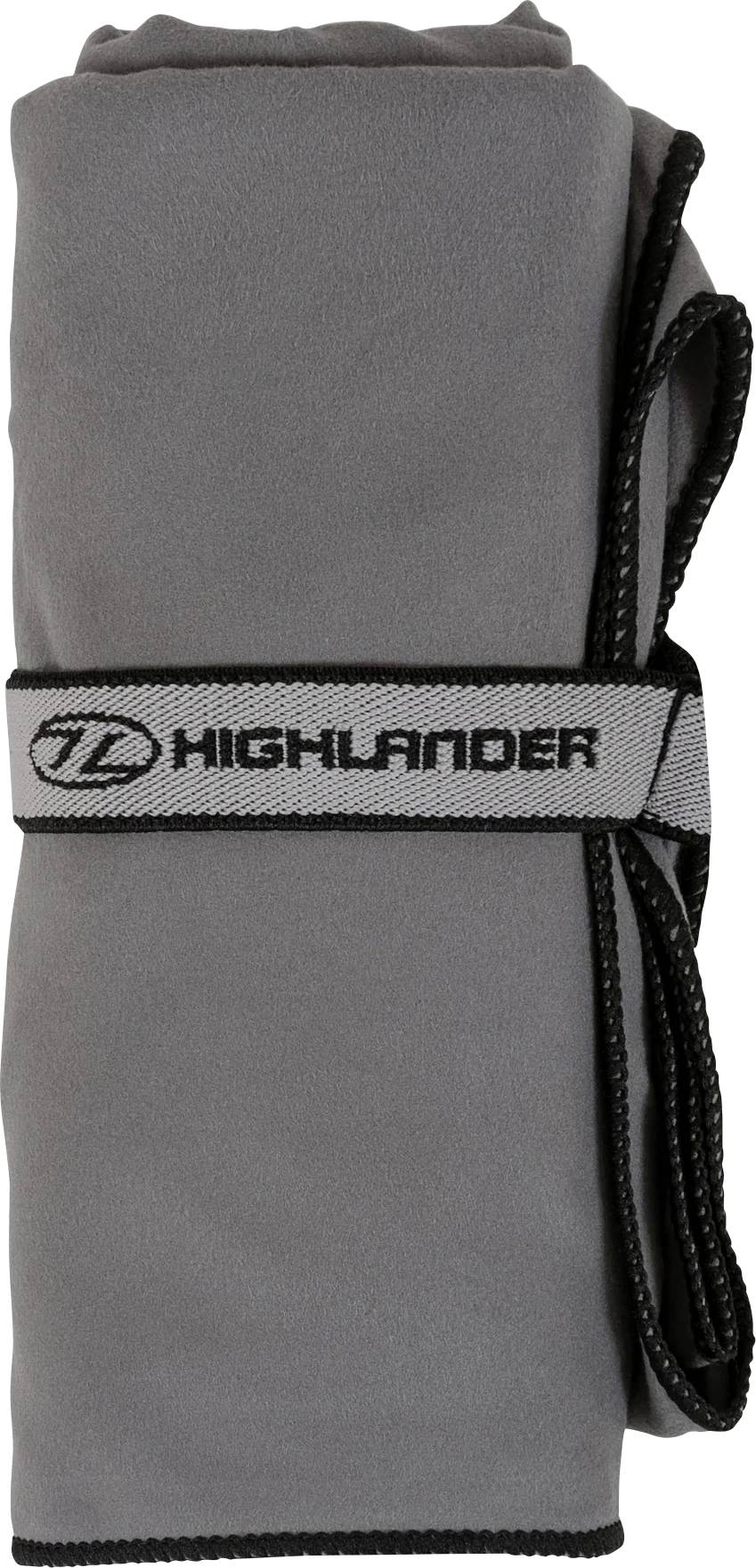 Ein graues Mikrofaser-Handtuch, aufgerollt und mit einem schwarzen Riemen gesichert, das mit 