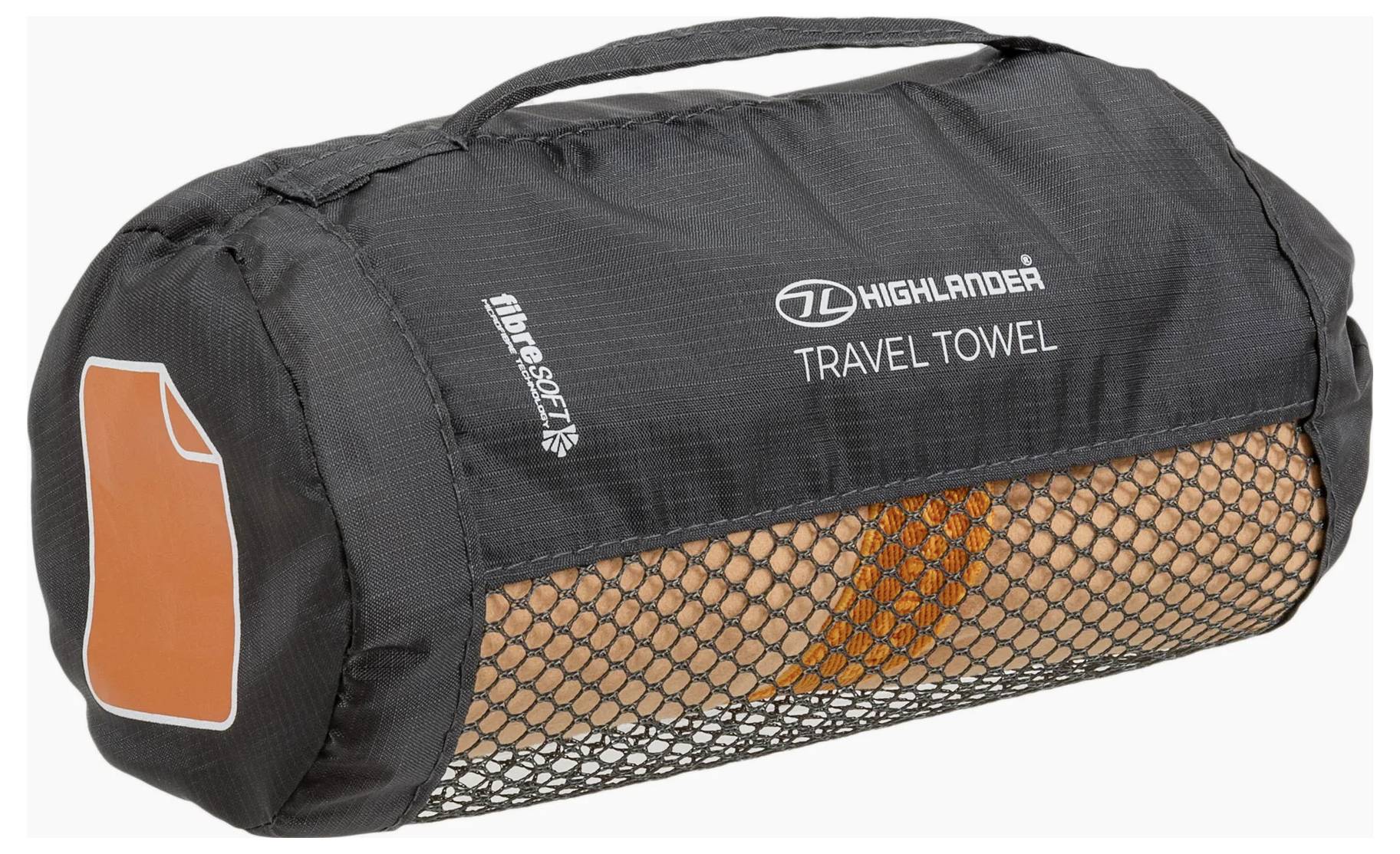 Schwarzes Reisehandtuch in einem Mesh-Reiseetui mit Griff, mit der Bezeichnung „Highlander Travel Towel