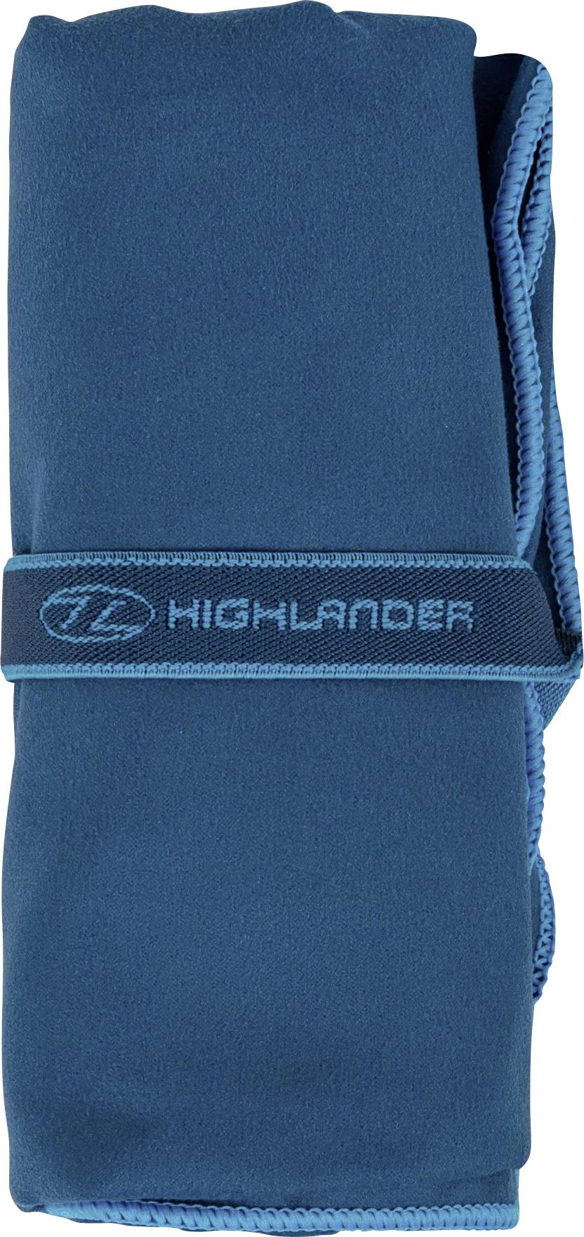 Ein blauhandtuch aus Mikrofaser der Marke Highlander, aufgerollt und mit einem elastischen Band mit Markenlogo gesichert.