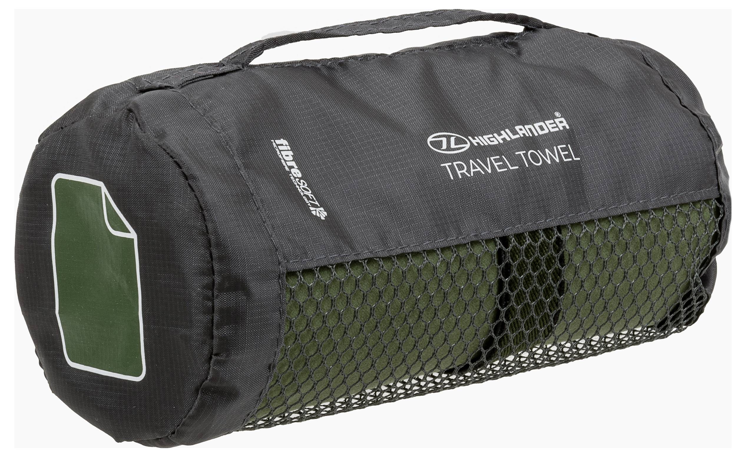 Schwarze zylindrische Tasche mit Griff, mit der Aufschrift „Travel Towel