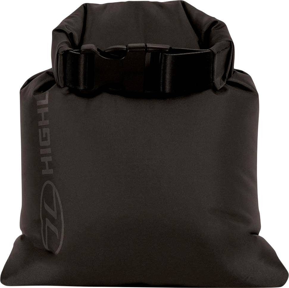 Eine schwarze, rollverschlossene wasserdichte Tasche mit Clip-Verschluss, die das Wort „HIGH