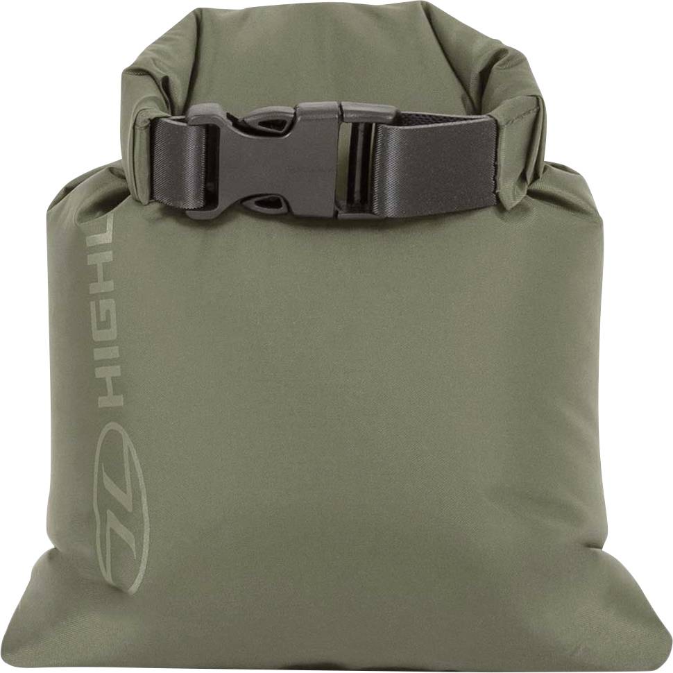 Grüne Trockentasche mit schwarzem Schnallenverschluss und dem Markennamen „Highlander