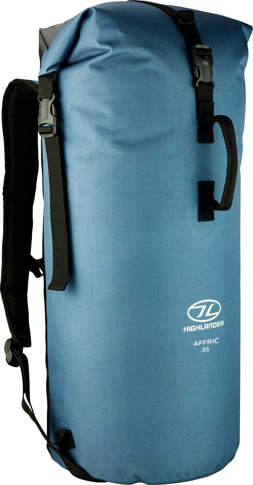 Ein blauer wasserdichter Rucksack mit der Aufschrift „Highlander Affric 35