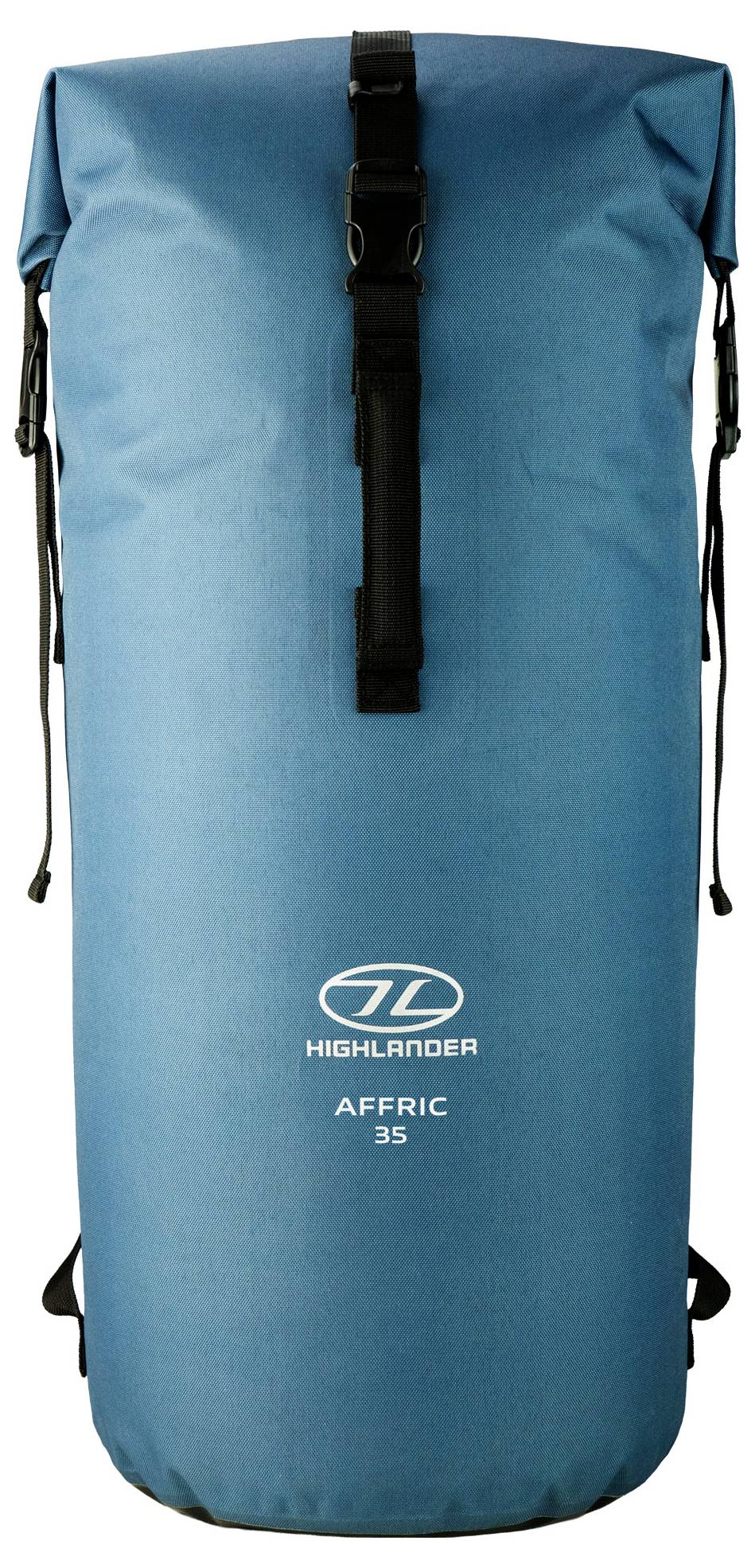 Ein blauer wasserdichter Rucksack mit Rollverschluss und den Worten „Highlander Affric 35