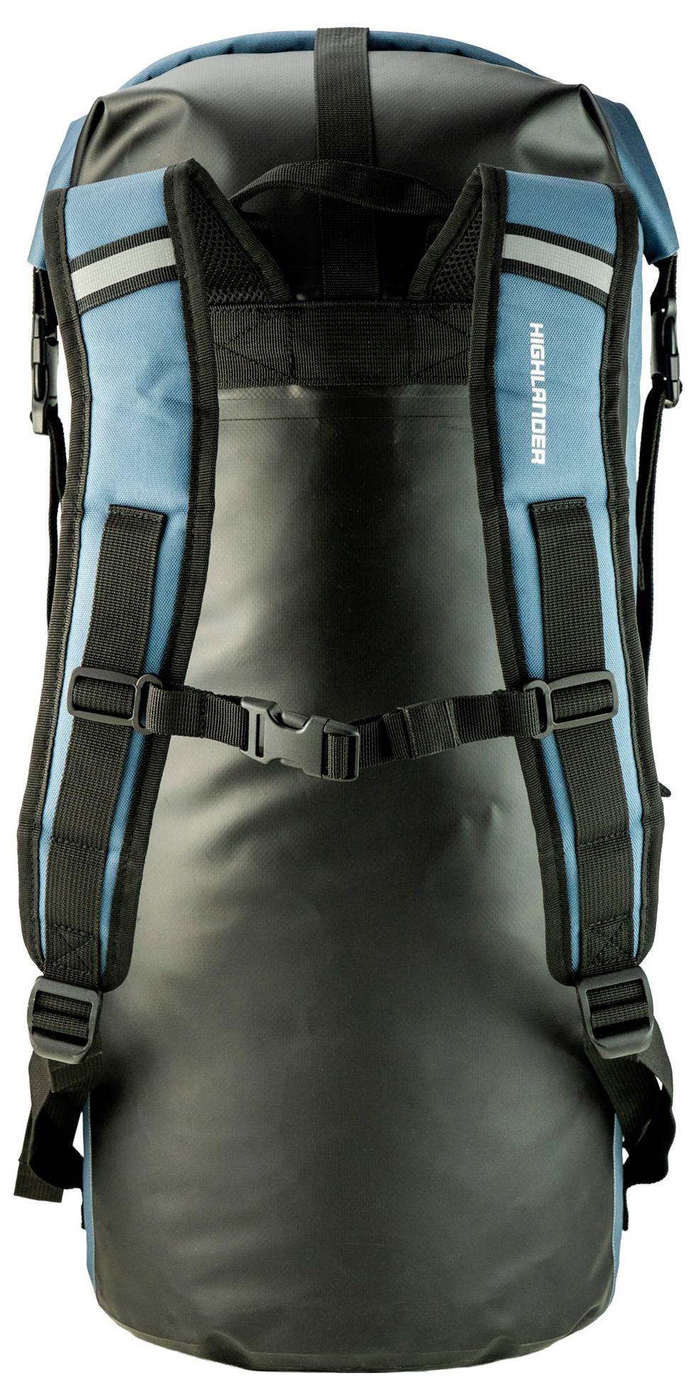 Ein großer, blau und schwarz gemusterter Wanderrucksack mit gepolsterten Trägern und mehreren Schnallen, entwickelt für Outdoor- und Reisezwecke.