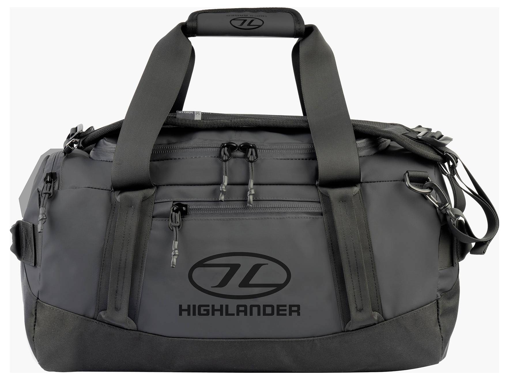 Rot-schwarze Reisetasche mit Rucksackträgern, mit einem Logo mit der Aufschrift „HIGHLANDER