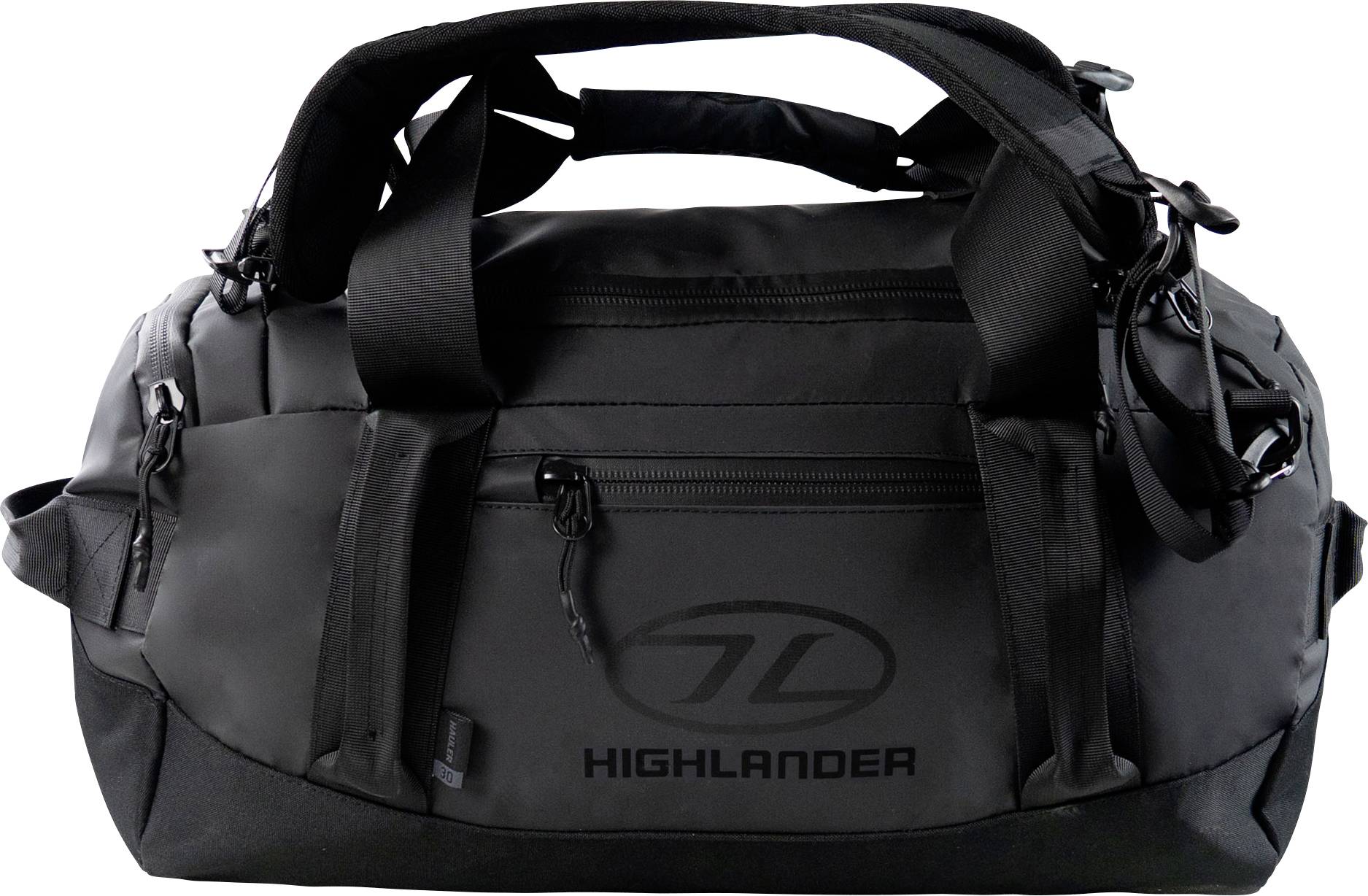 Eine schwarze Reisetasche mit mehreren Riemen und einer vorderen Reißverschlusstasche. Die Marke 