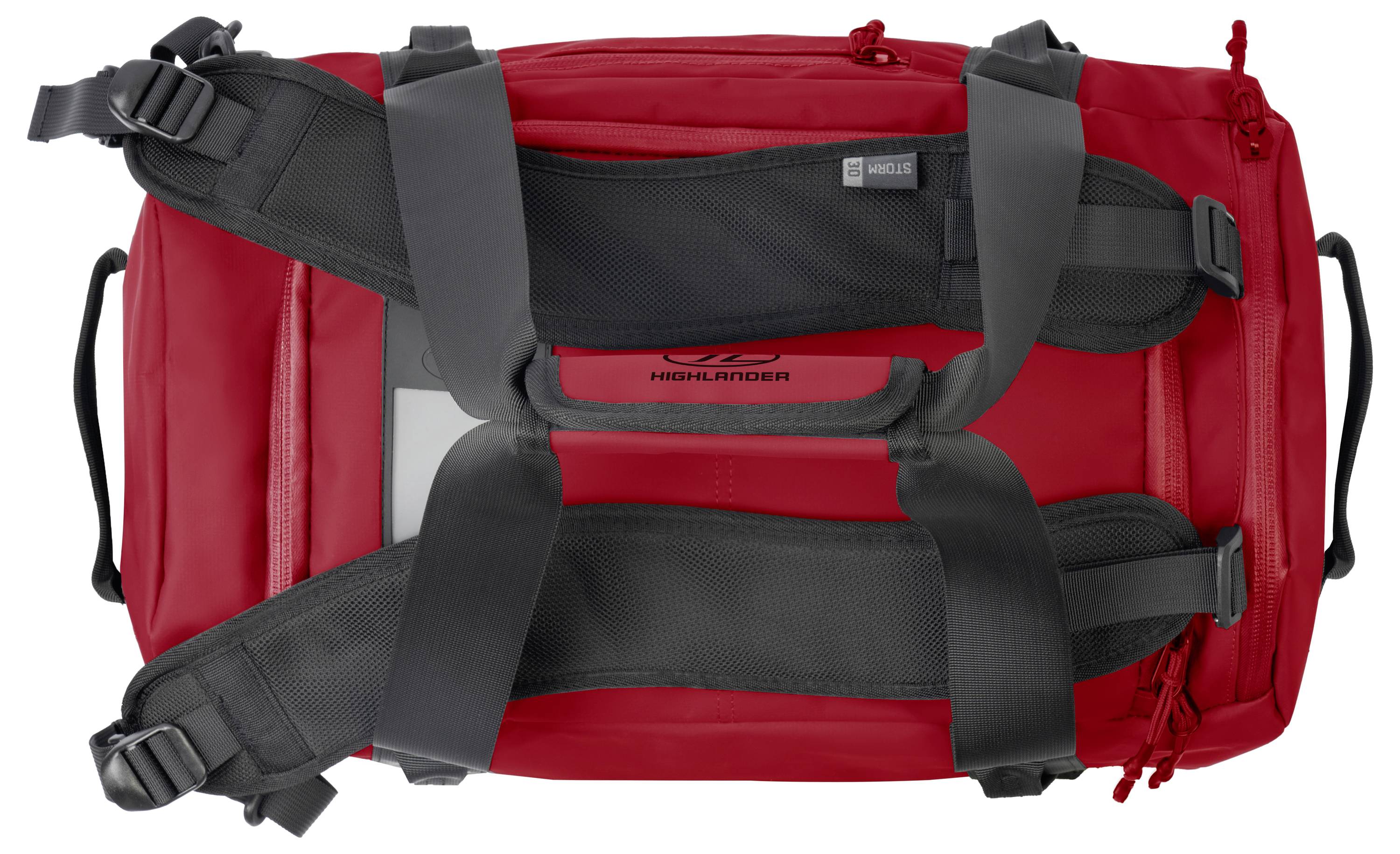 Eine rote Reisetasche mit schwarzen Riemen und Griffen, von oben betrachtet, entworfen für Reisen oder Outdoor-Aktivitäten.