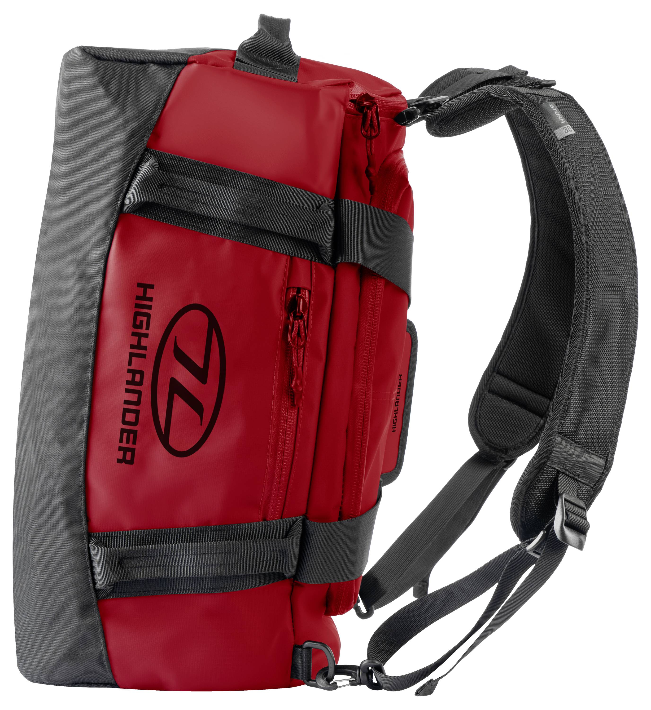 Ein rot und schwarz karierter Rucksack mit Schultergurt, auf dem die Marke 