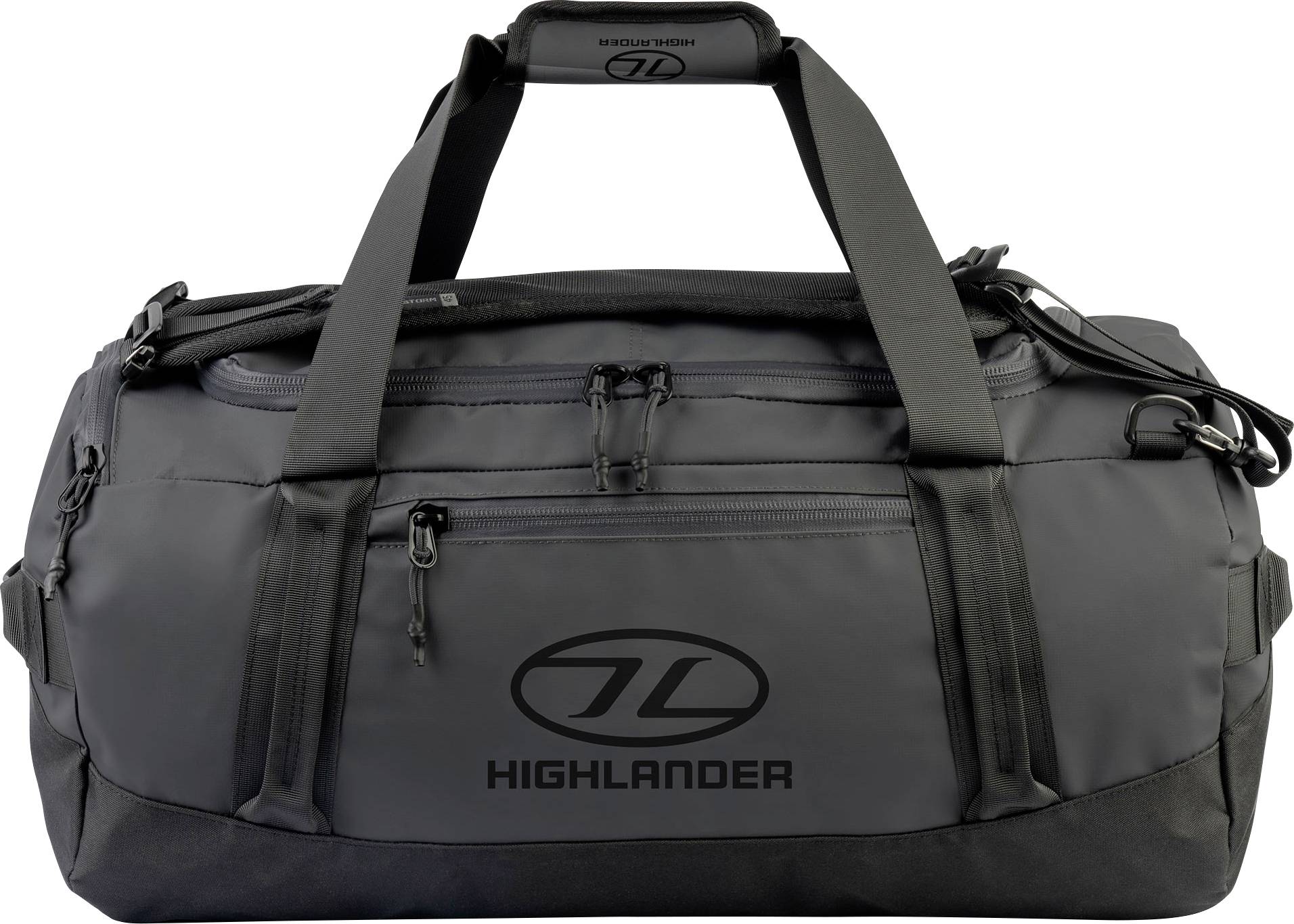 Eine graue Reisetasche mit schwarzen Trägern und dem Markennamen „Highlander