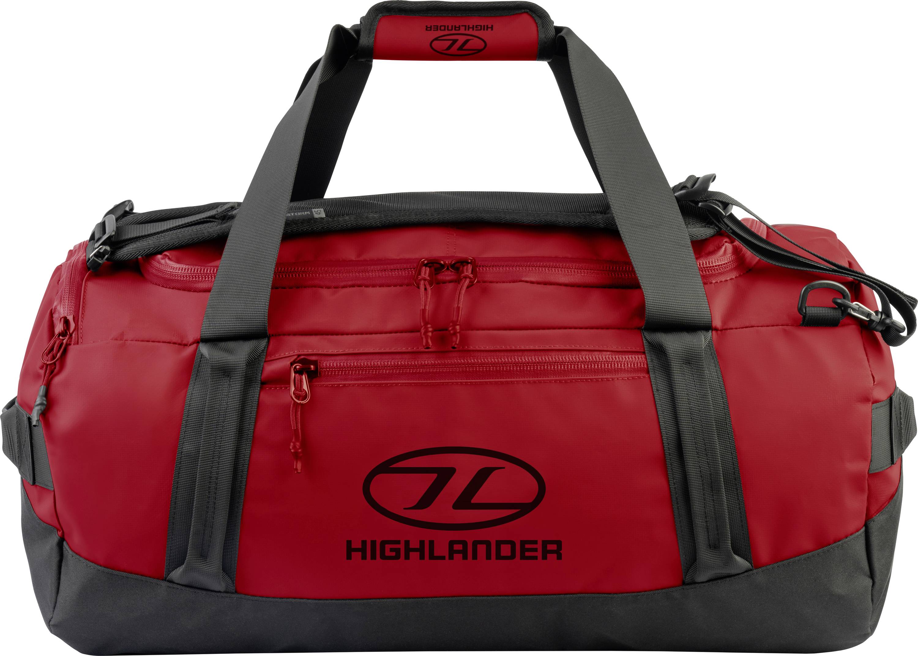 Rote Reisetasche mit schwarzen Riemen und Reißverschlüssen, auf der seitlich das Logo „Highlander