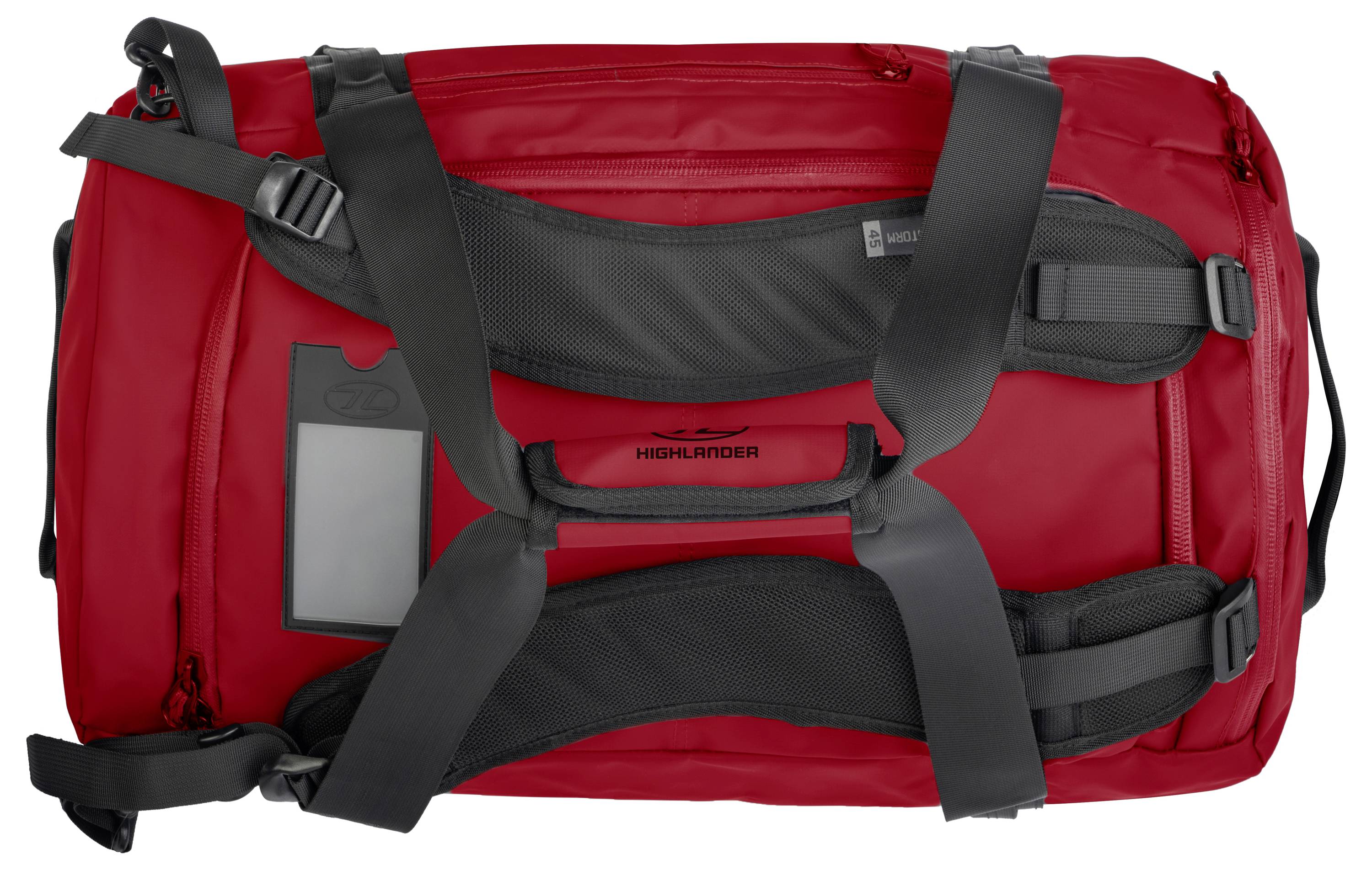 Eine rote Reisetasche mit schwarzen Riemen liegt flach. Sie verfügt über ein klares Ausweisfenster und ein Logo mit der Aufschrift „Highlander