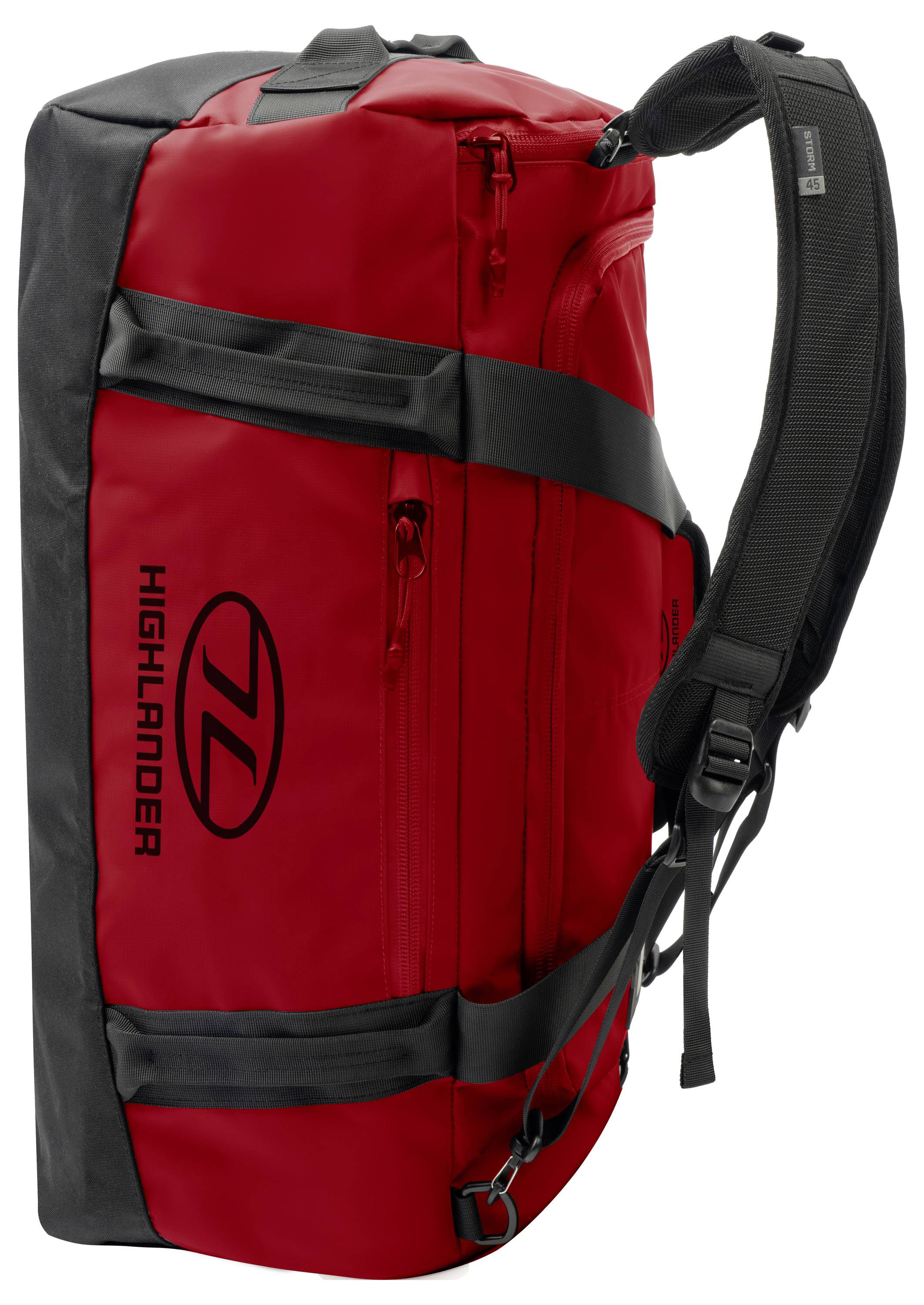 Roter, langlebiger Rucksack mit schwarzen Riemen und sichtbarem Reißverschluss.