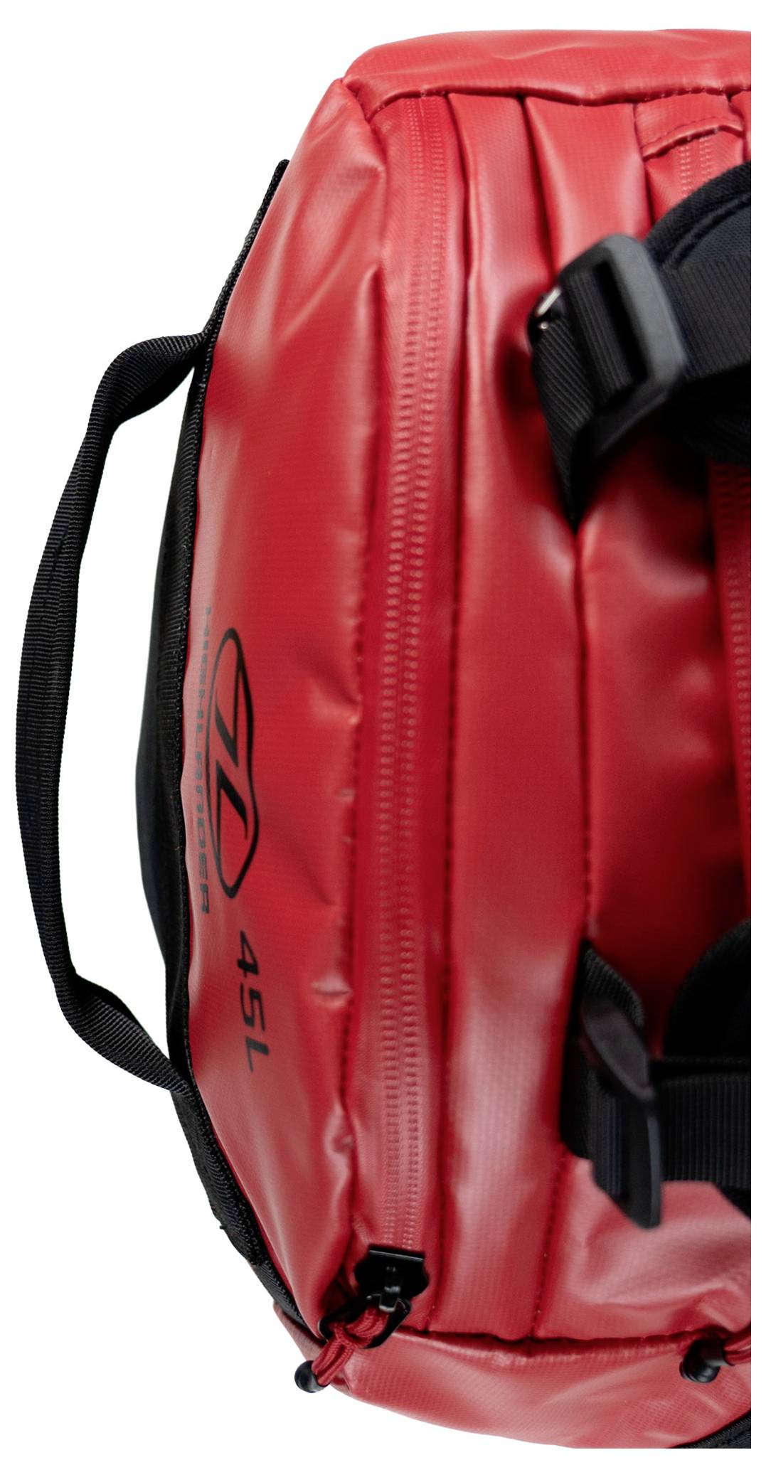 Rote wasserdichte Tasche mit 45-Liter-Fassungsvermögen und schwarzen Riemen, ausgestattet mit einem kleinen Reißverschluss und Tragegriff.