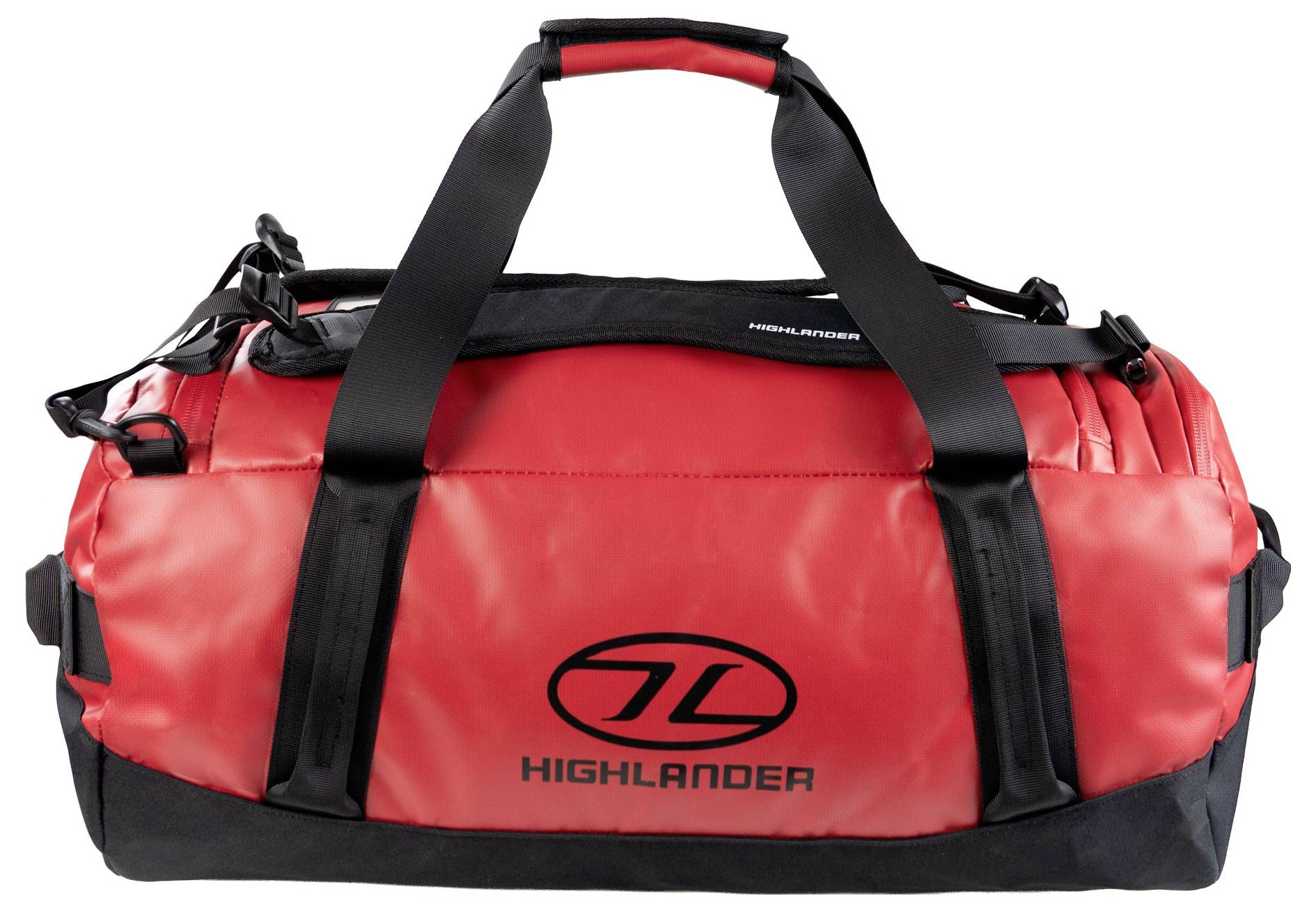 Eine rot-schwarze Reisetasche mit dem aufgedruckten Logo „Highlander