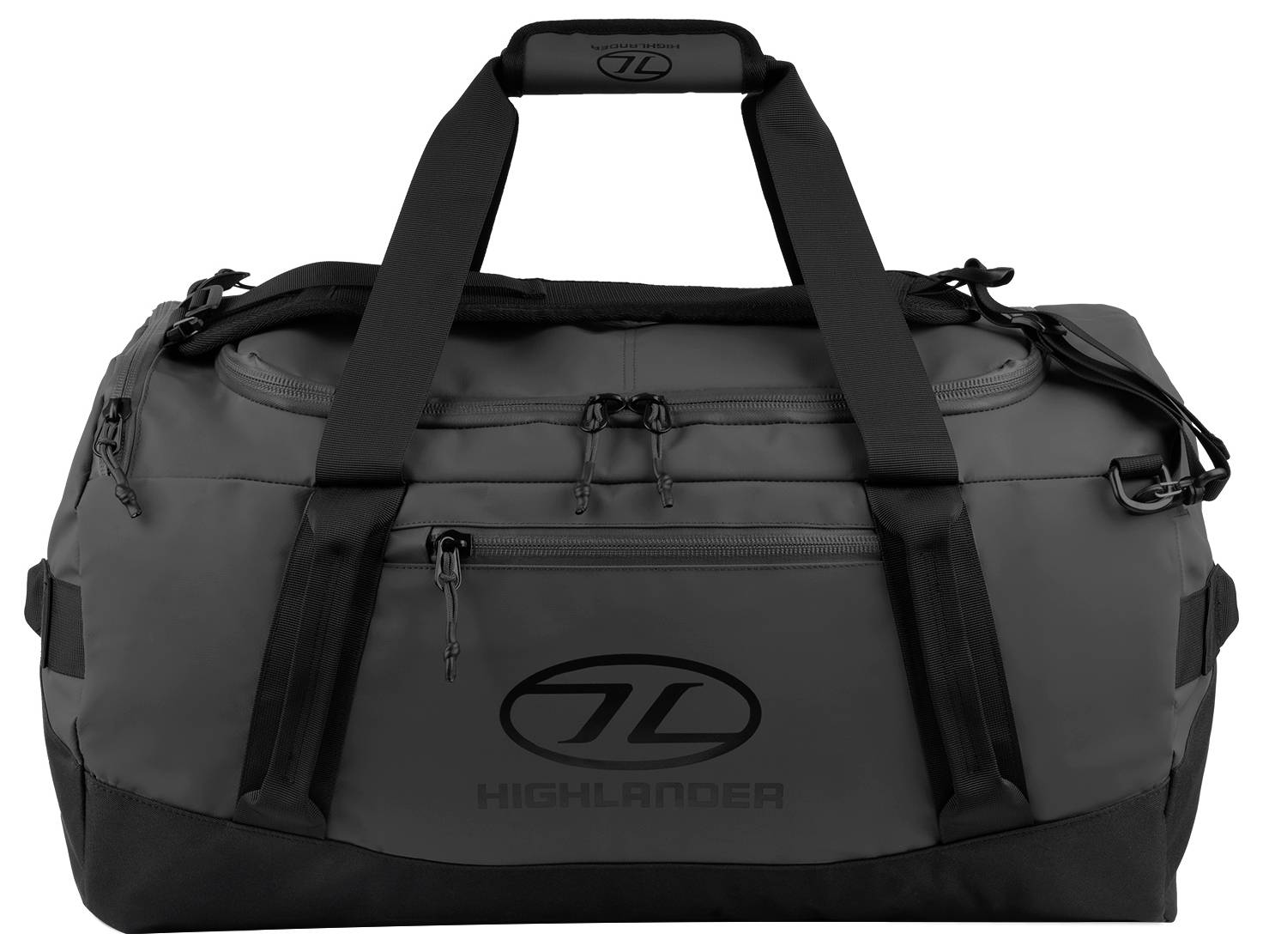 Eine schwarze Reisetasche der Marke Highlander mit mehreren Reißverschlüssen und robusten Griffen, entworfen für Reisen oder Sportgebrauch.