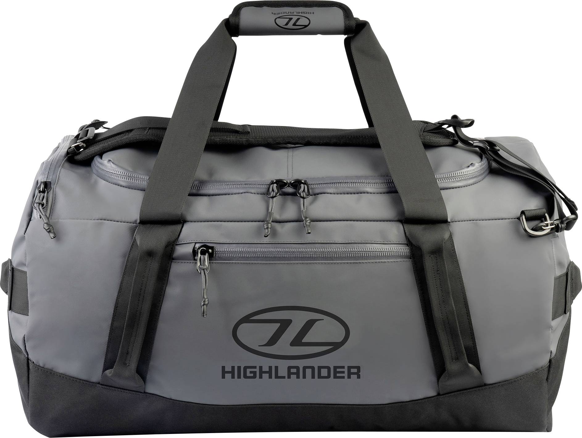 Eine graue Reisetasche mit schwarzen Riemen, versehen mit dem Logo „Highlander
