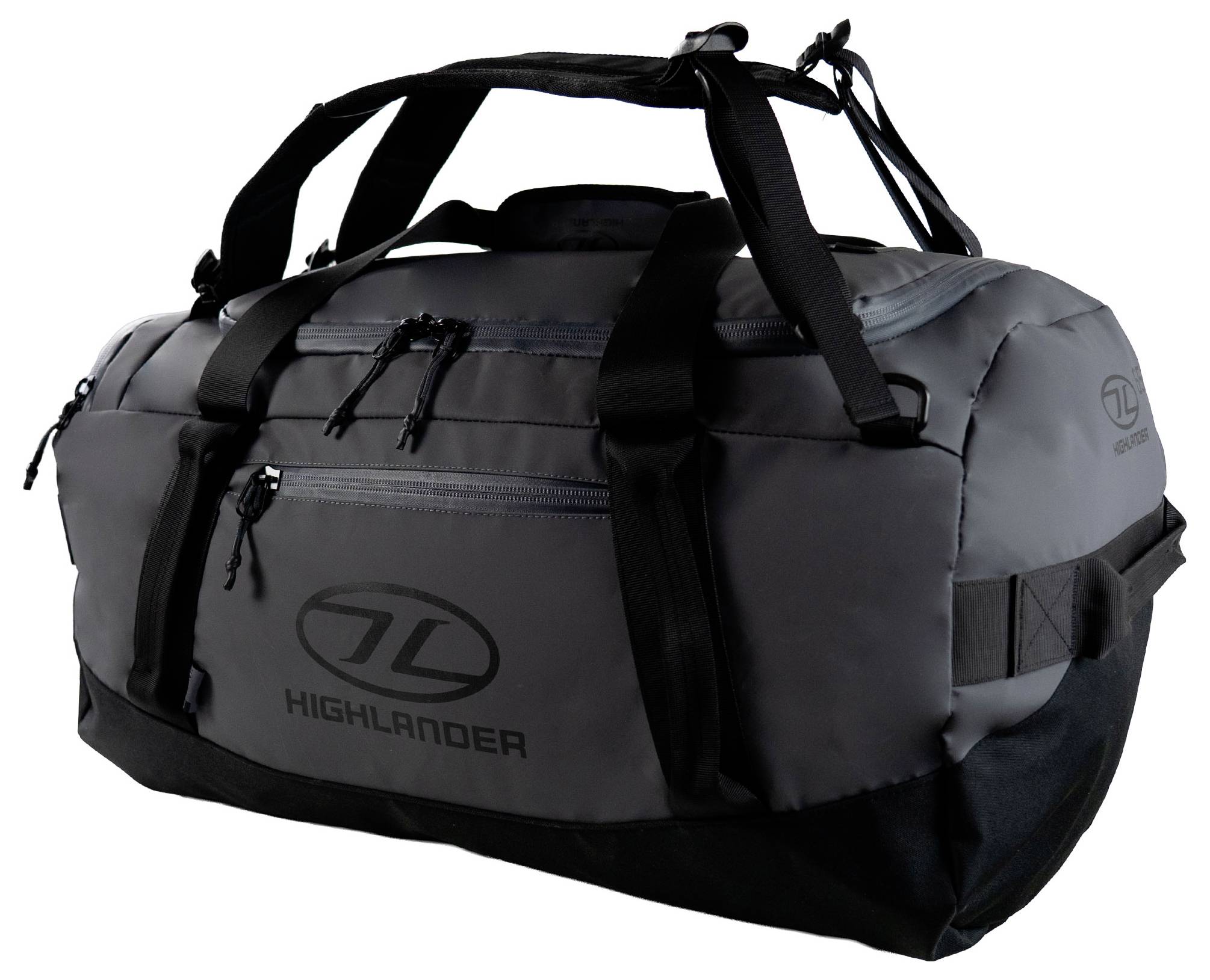 Eine grau-schwarze Reisetasche mit mehreren Riemen und Reißverschlüssen, die das Logo 