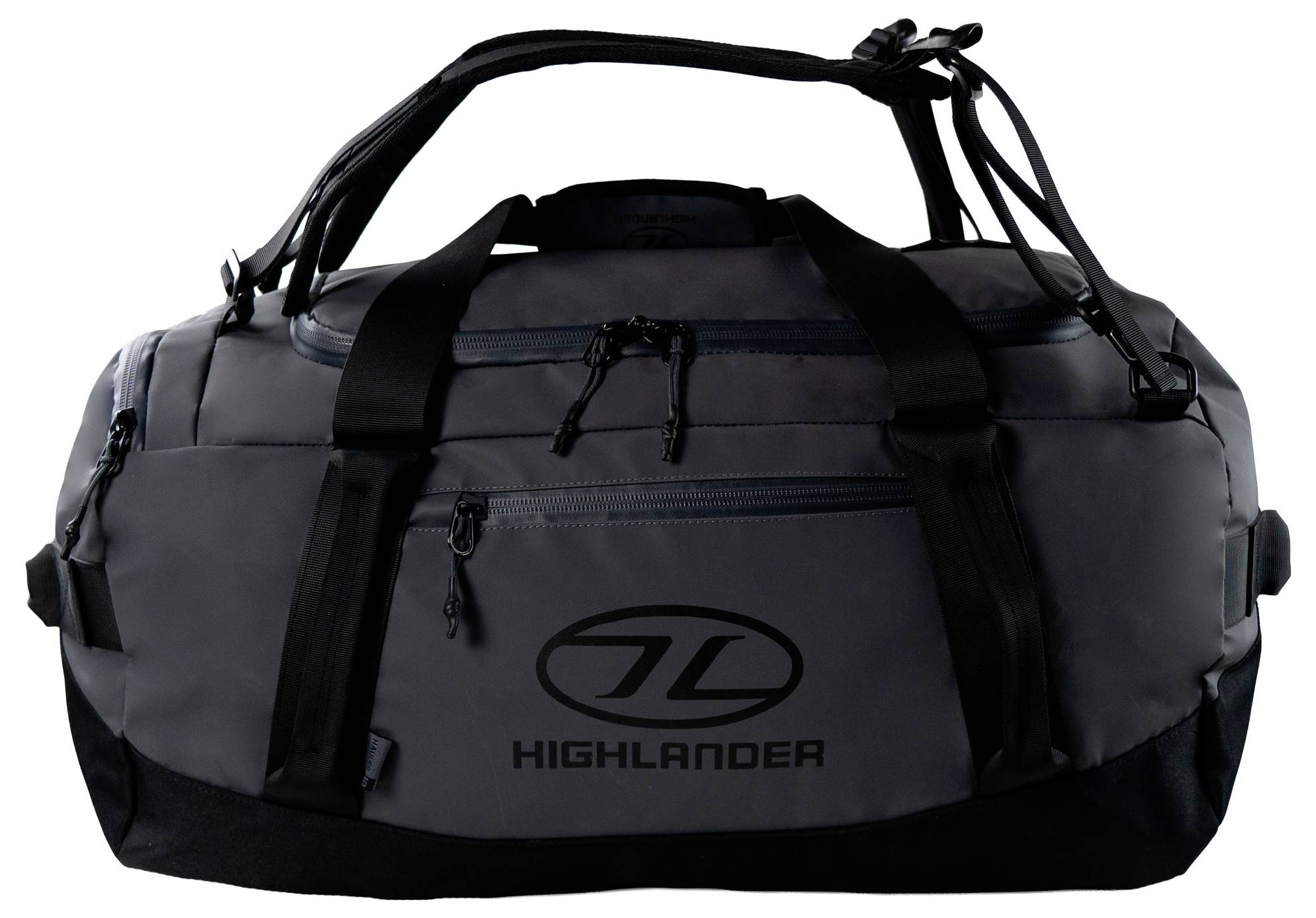 Eine schwarz-graue Highlander-Sporttasche mit mehreren Reißverschlussfächern und verstellbaren Riemen, entworfen zum Transport von Ausrüstung.