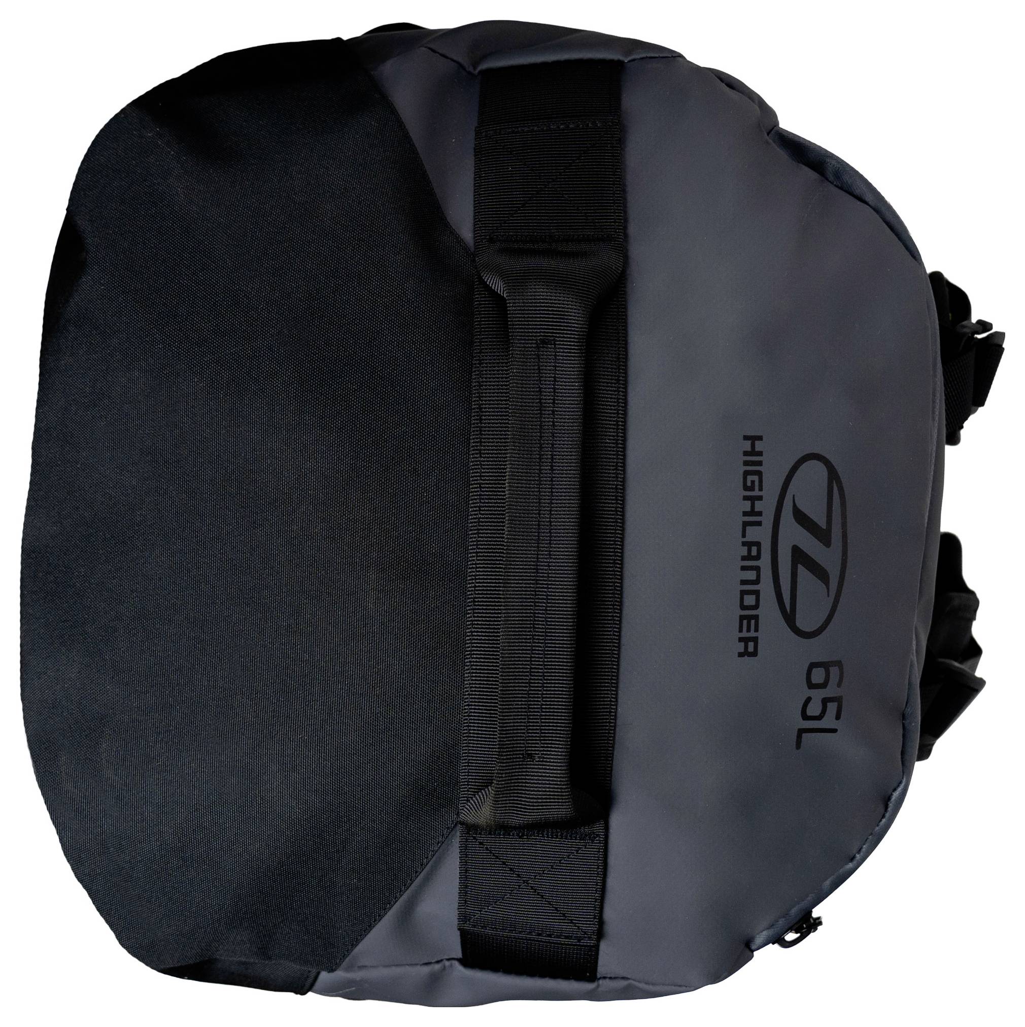 Ein schwarzer und grauer Highlander 65-Liter-Rucksack liegt flach und zeigt einen Tragehenkel und einen Riemen.
