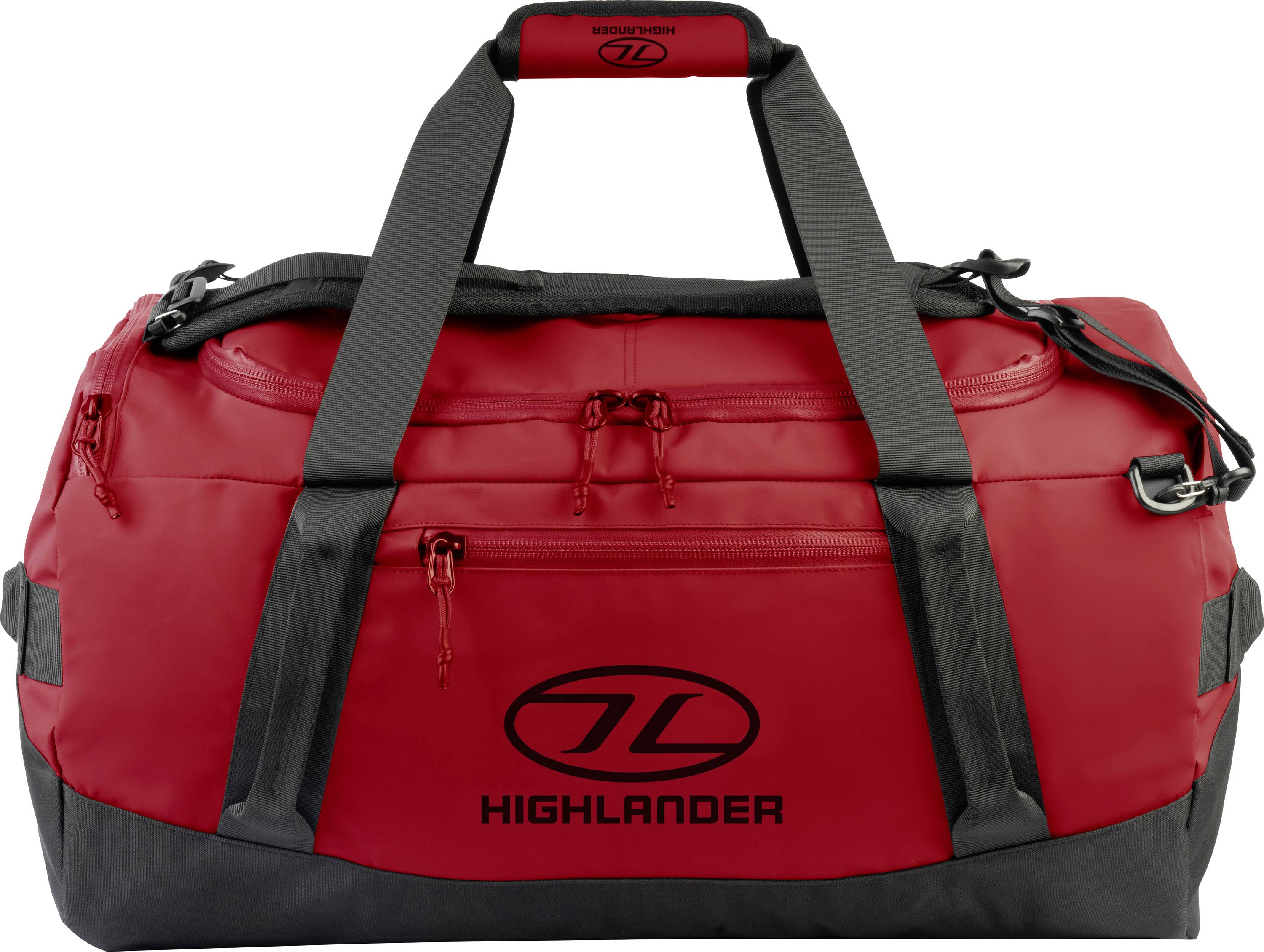 Eine rote Reisetasche mit schwarzen Riemen und mehreren Reißverschlussfächern, auf deren Seite das Logo und der Text „Highlander